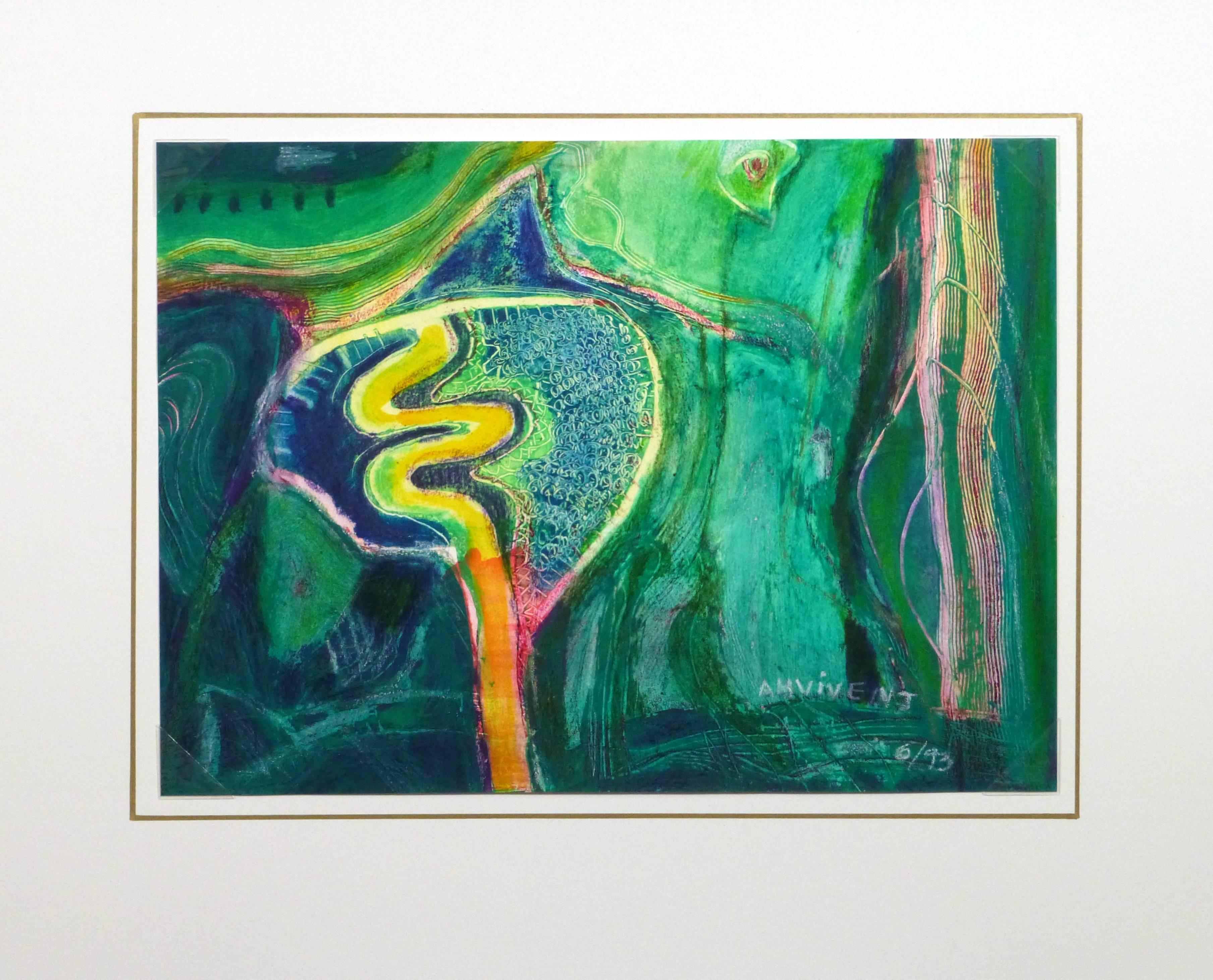 Abstract of shapes and lines etched into green acrylic and highlighted with hues of yellow, pink and orange by A. Vivent, 1993. Signed and date lower right.

Original artwork on paper displayed on a white mat with a gold border. Mat fits a