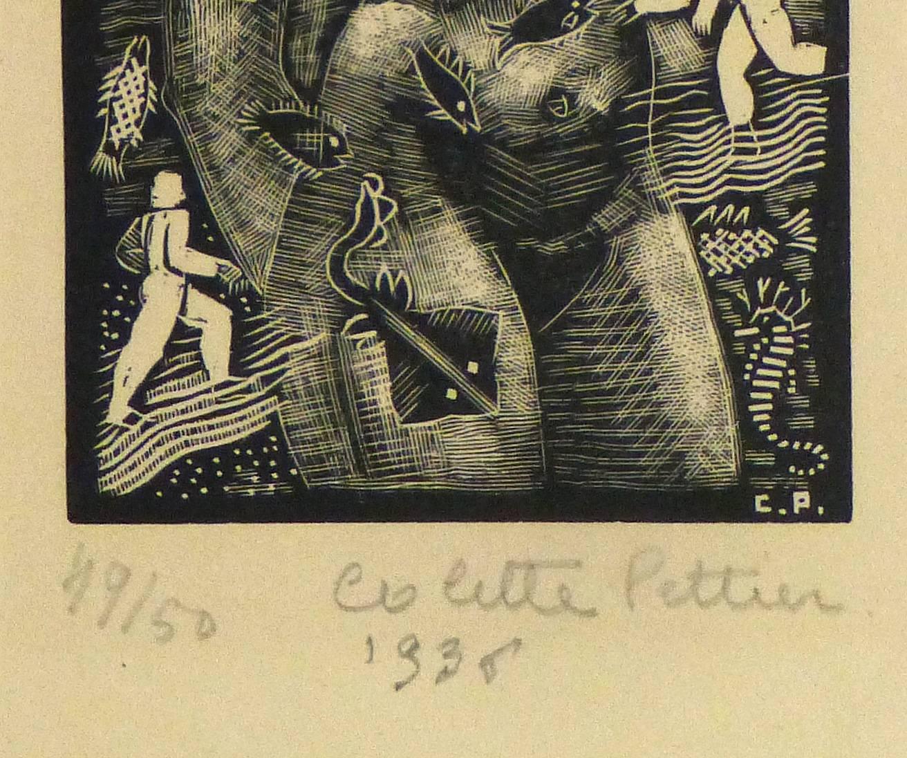 Gravure sur bois française - La Mer et Les Fleuves - Beige Figurative Print par Colette Pettier