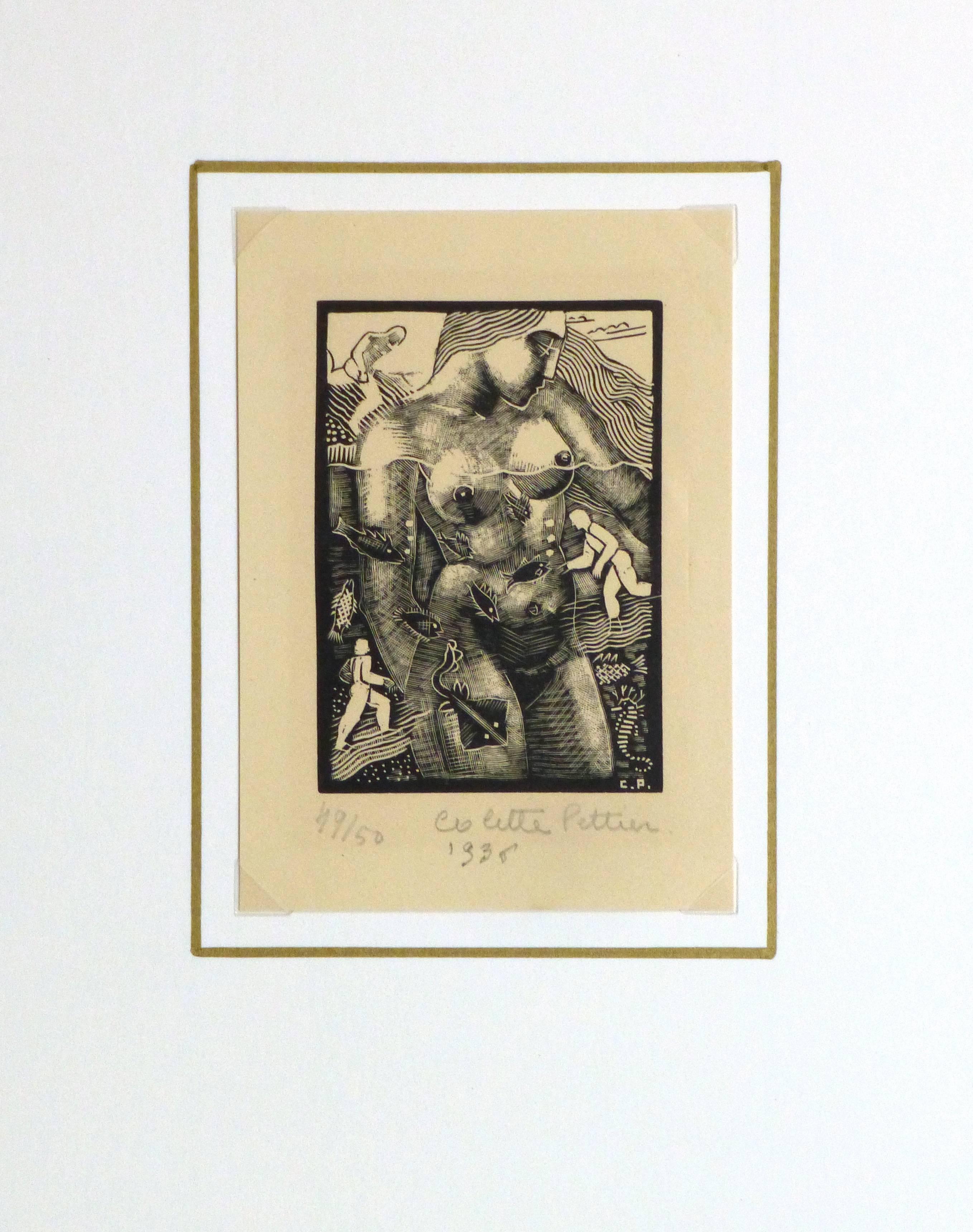Absorbante gravure sur bois en noir et blanc d'une figure féminine nue dans l'eau, entourée de vie marine et de petits personnages, par l'artiste française Colette Pettier, 1936. Signé, daté et numéroté 49 sur 50 dans la marge inférieure.

Œuvre