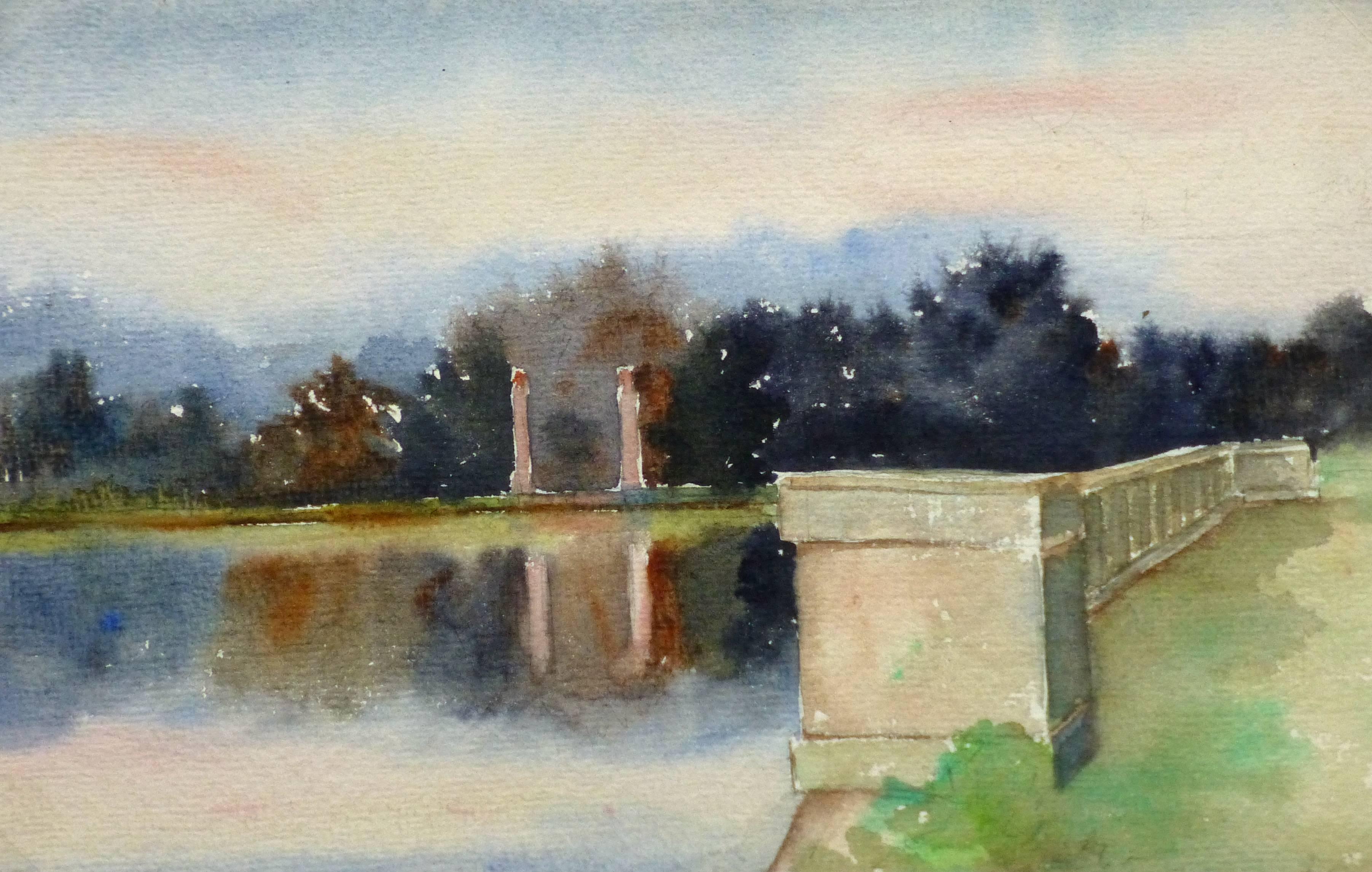 Unknown Landscape Art - French Watercolor - Twilight Reflection