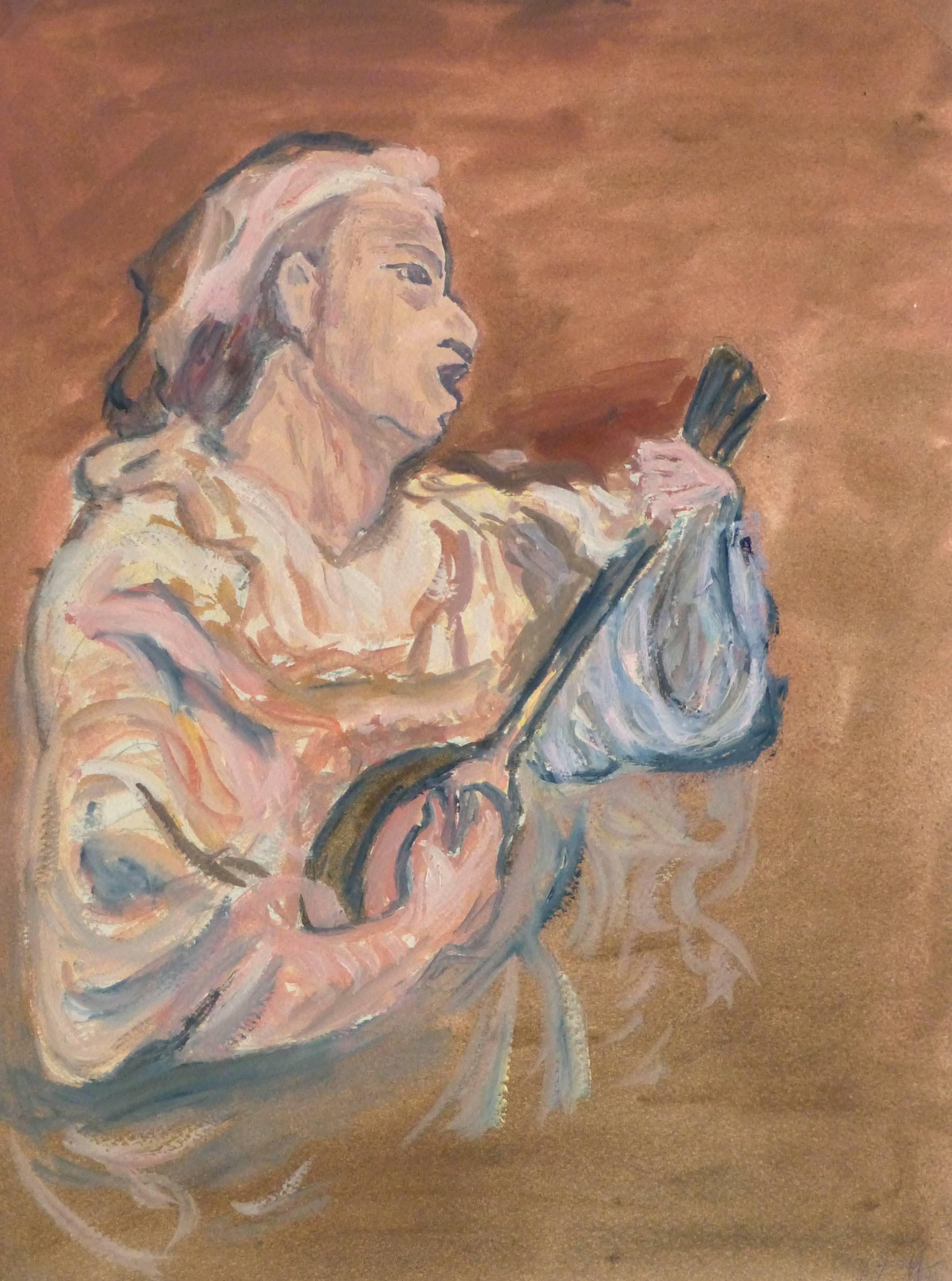 Unknown Portrait Painting - French - The Mandolinist 