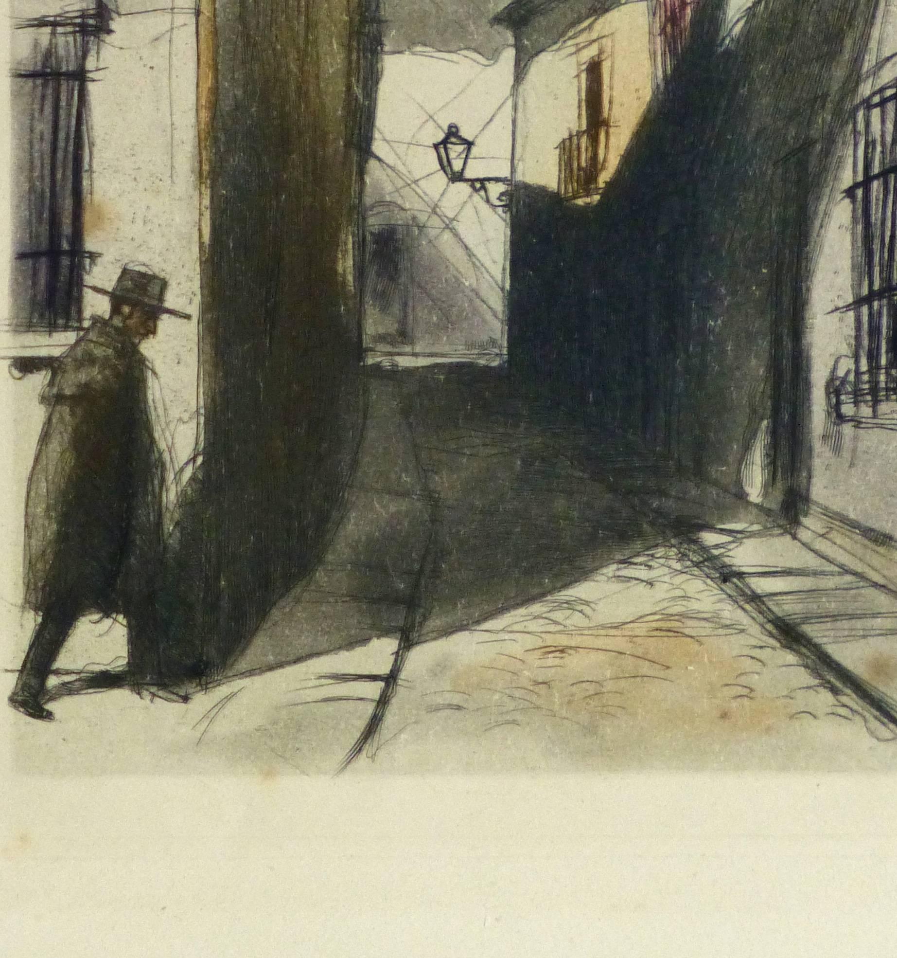 French Aquatint - Spanish Alley - Beige Landscape Print by Unknown