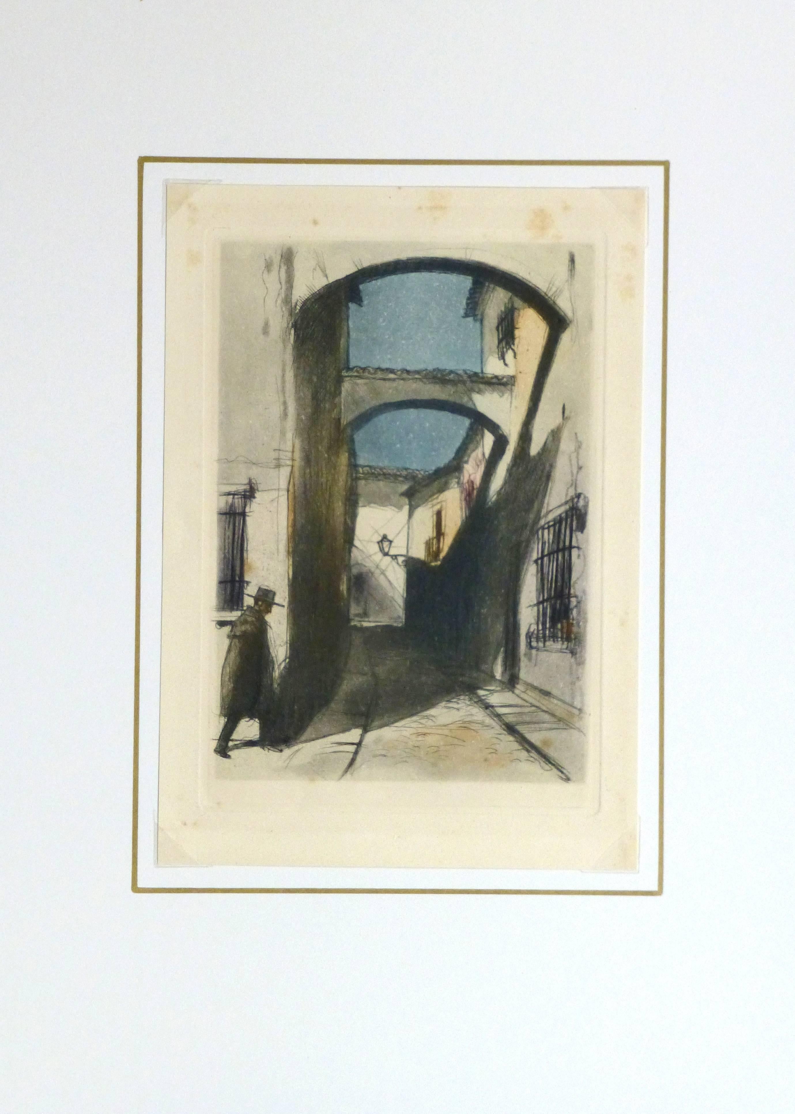 Enchanting French aquatint of a lone figure navigating his way through a quaint Spanish alley, circa 1920.

Original artwork on paper displayed on a white mat with a gold border. Archival plastic sleeve and Certificate of Authenticity included.