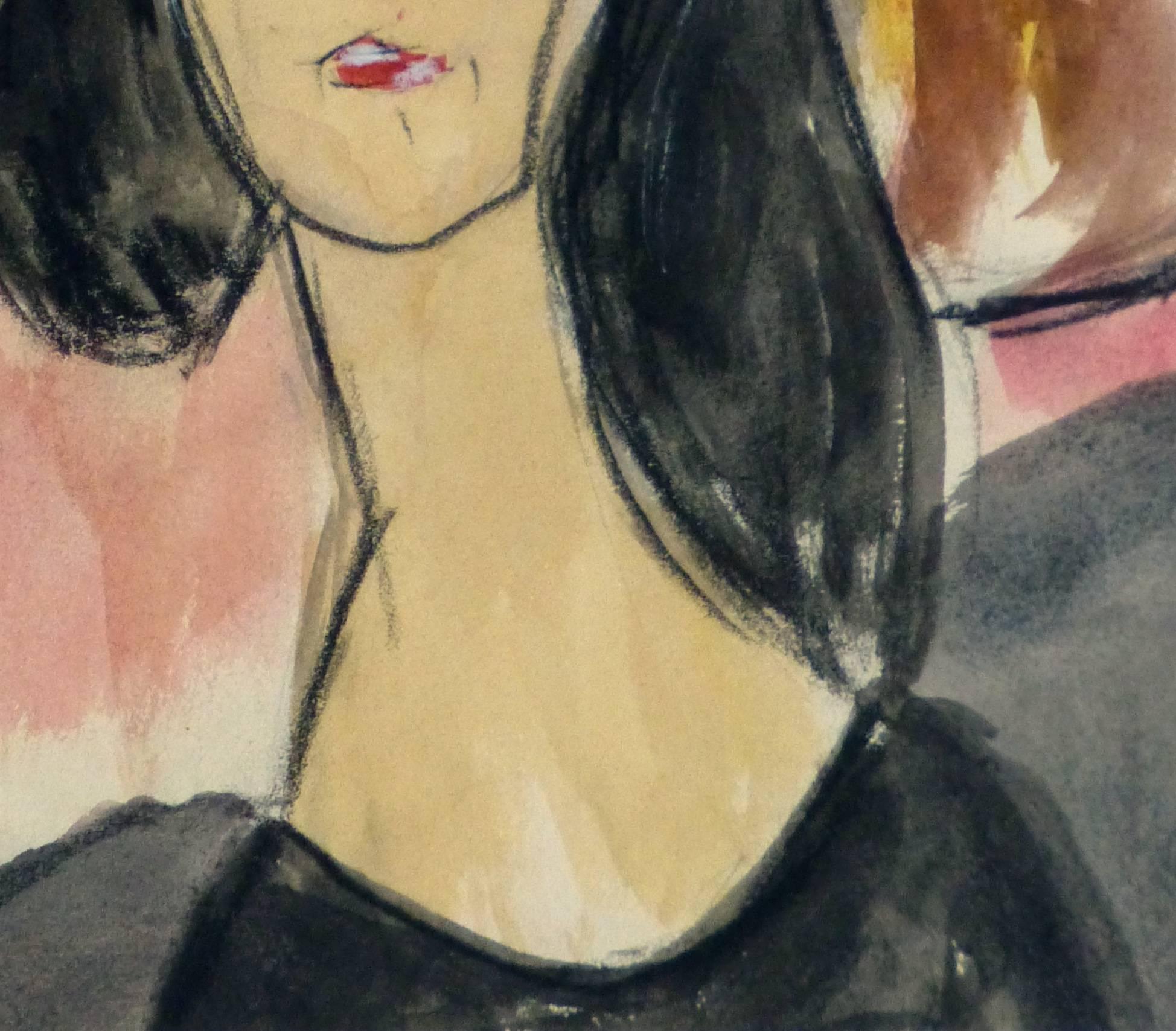 French Gouache Woman in Black Hat  - Art by Unknown
