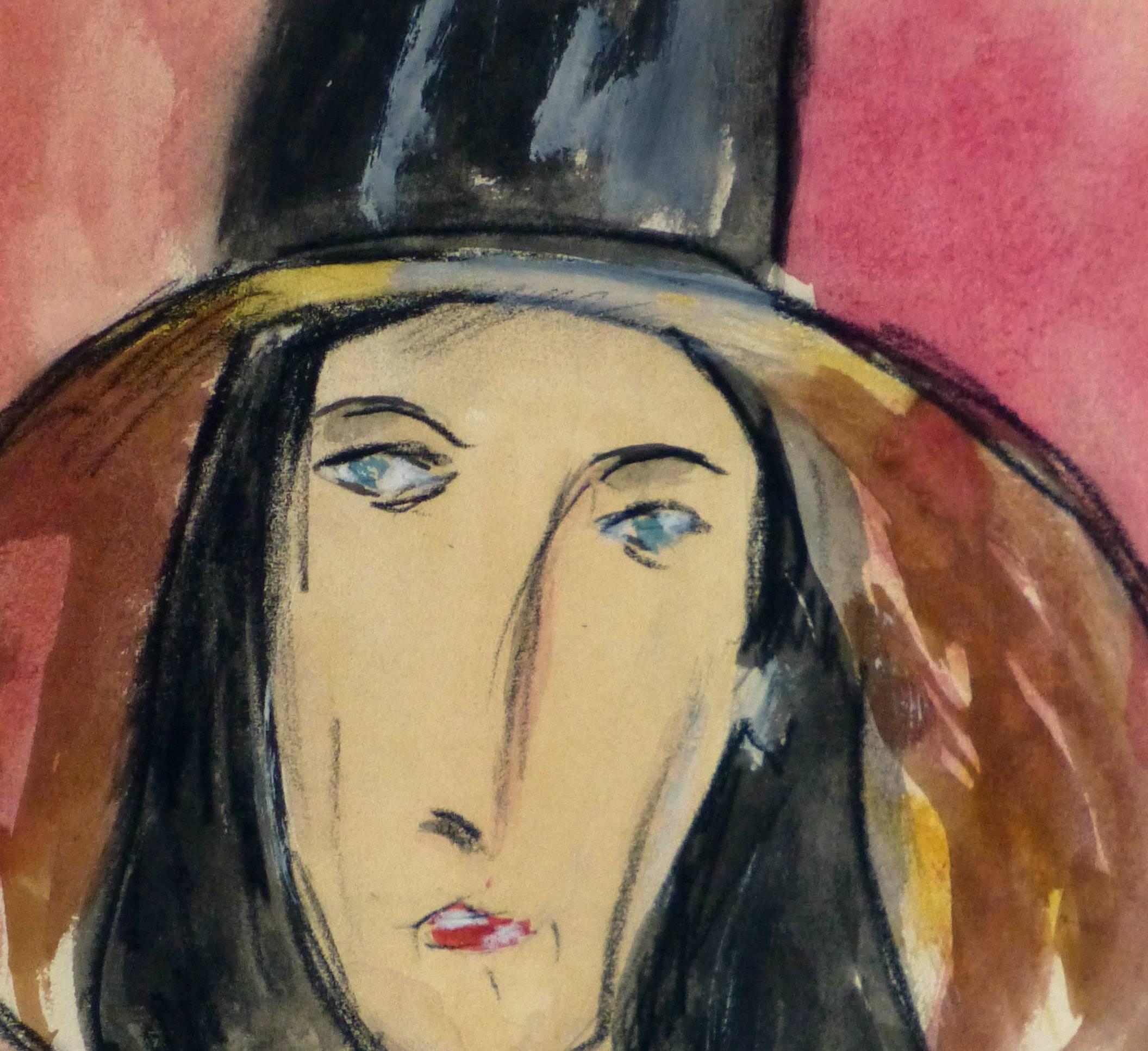 French Gouache Woman in Black Hat  - Brown Portrait by Unknown