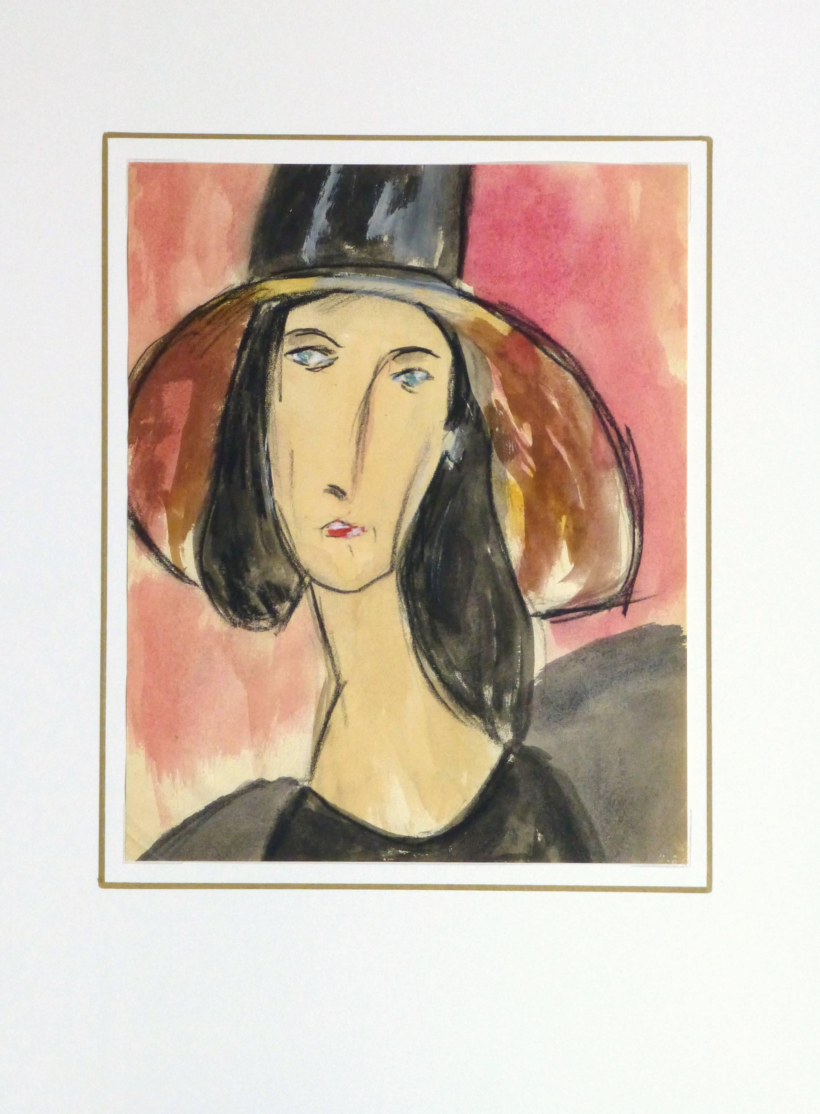 Bright gouache portrait of a raven haired female in a stylish wide brimmed hat, circa 1950.

Original artwork on paper displayed on a white mat with a gold border. Archival plastic sleeve and Certificate of Authenticity included. Artwork, 7.75