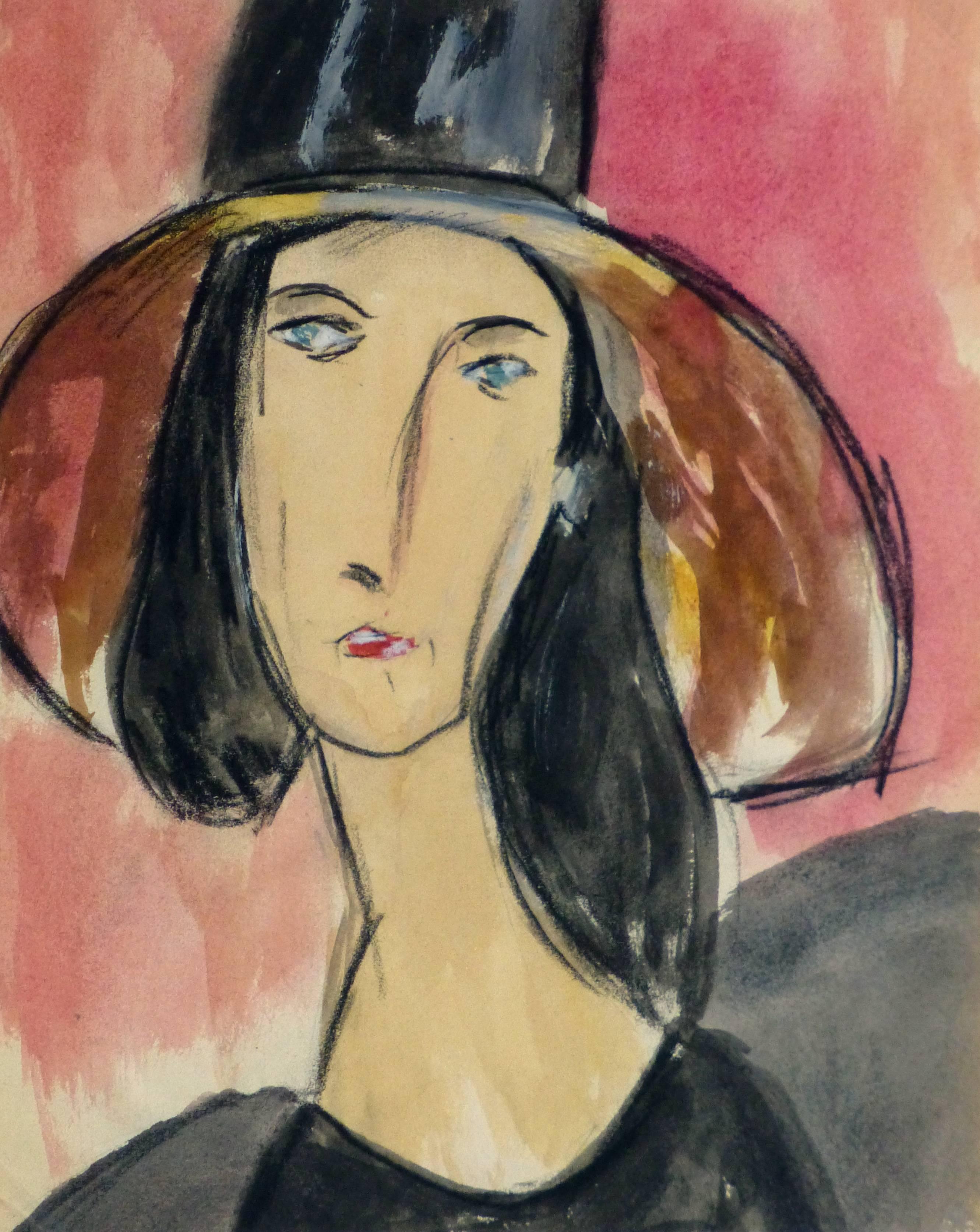 Unknown Portrait - French Gouache Woman in Black Hat 