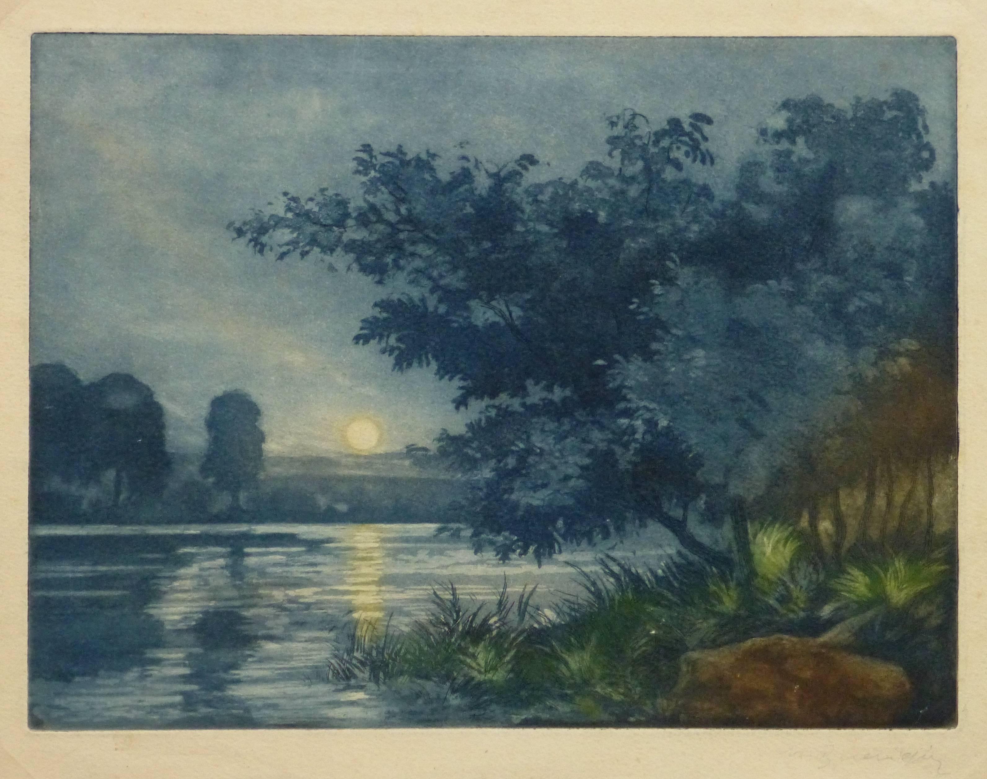 Unknown Landscape Print - French Aquatint - Sunset Lake