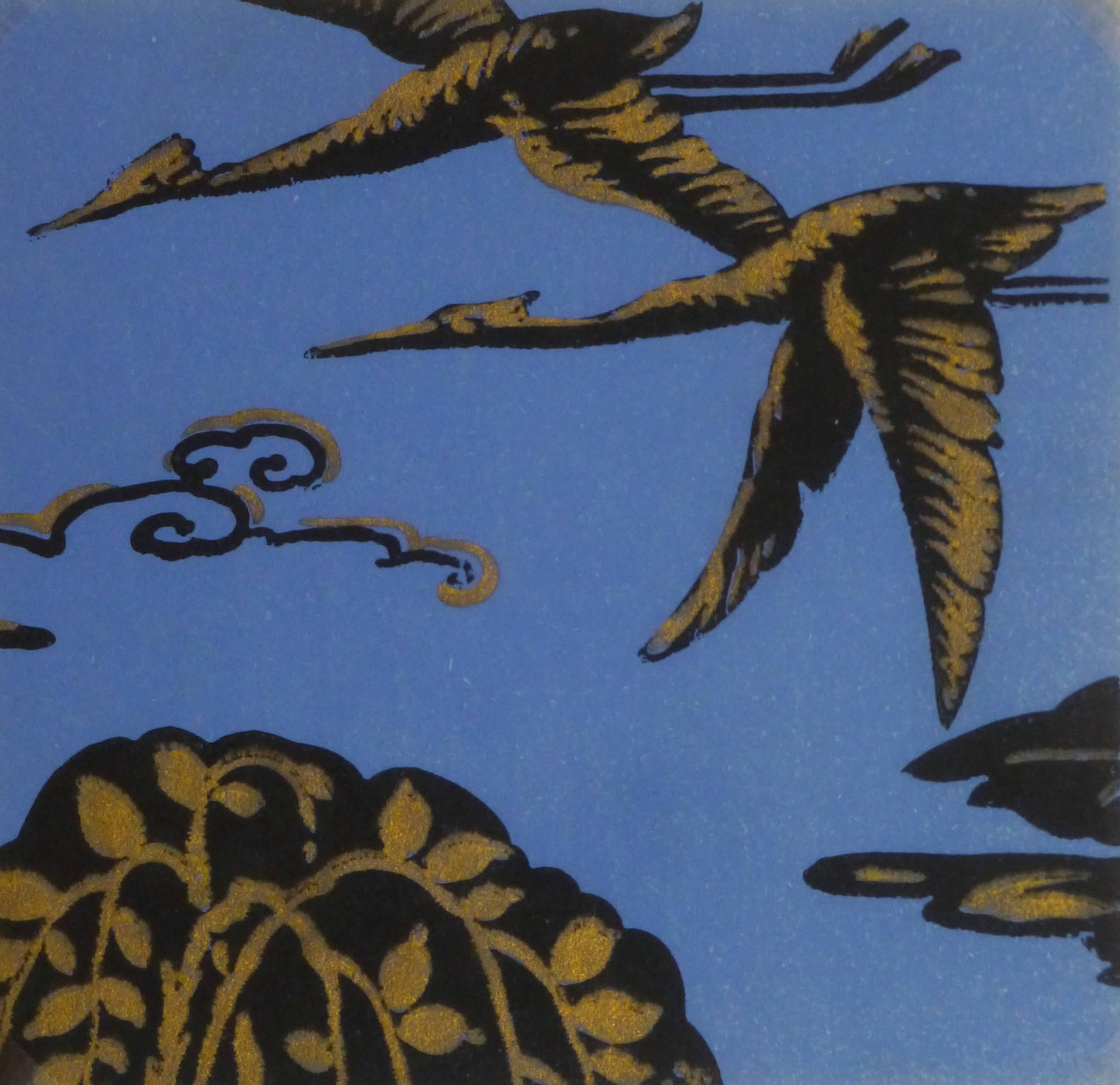Unknown Animal Painting - Pochoir - Birds in Flight