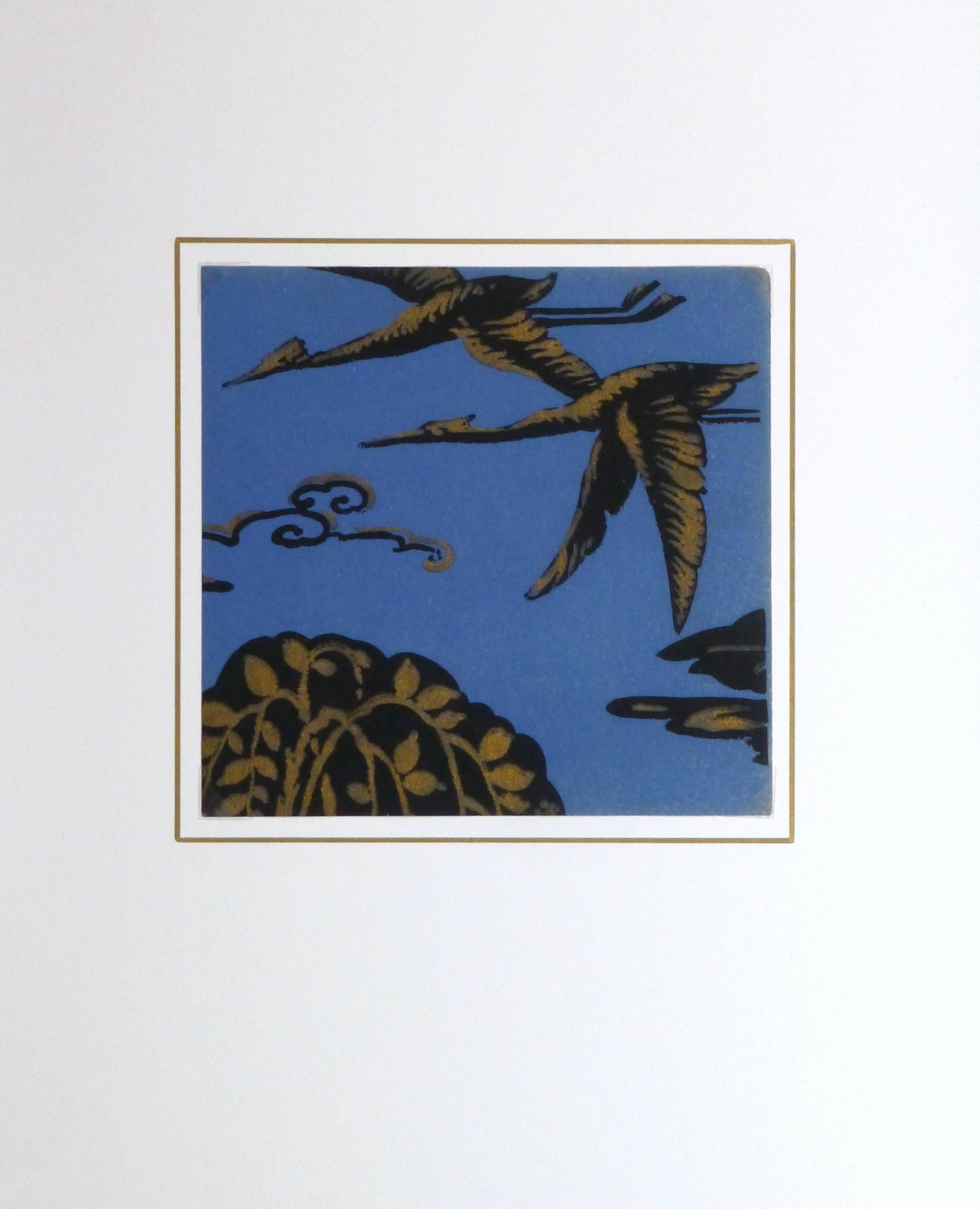 Beautiful pochoir of large storks in flight against a blue background and highlighted in gold, created by Vanderborght of Brussels, circa 1925. 

Original artwork on paper displayed on a white mat with a gold border. Archival plastic sleeve and