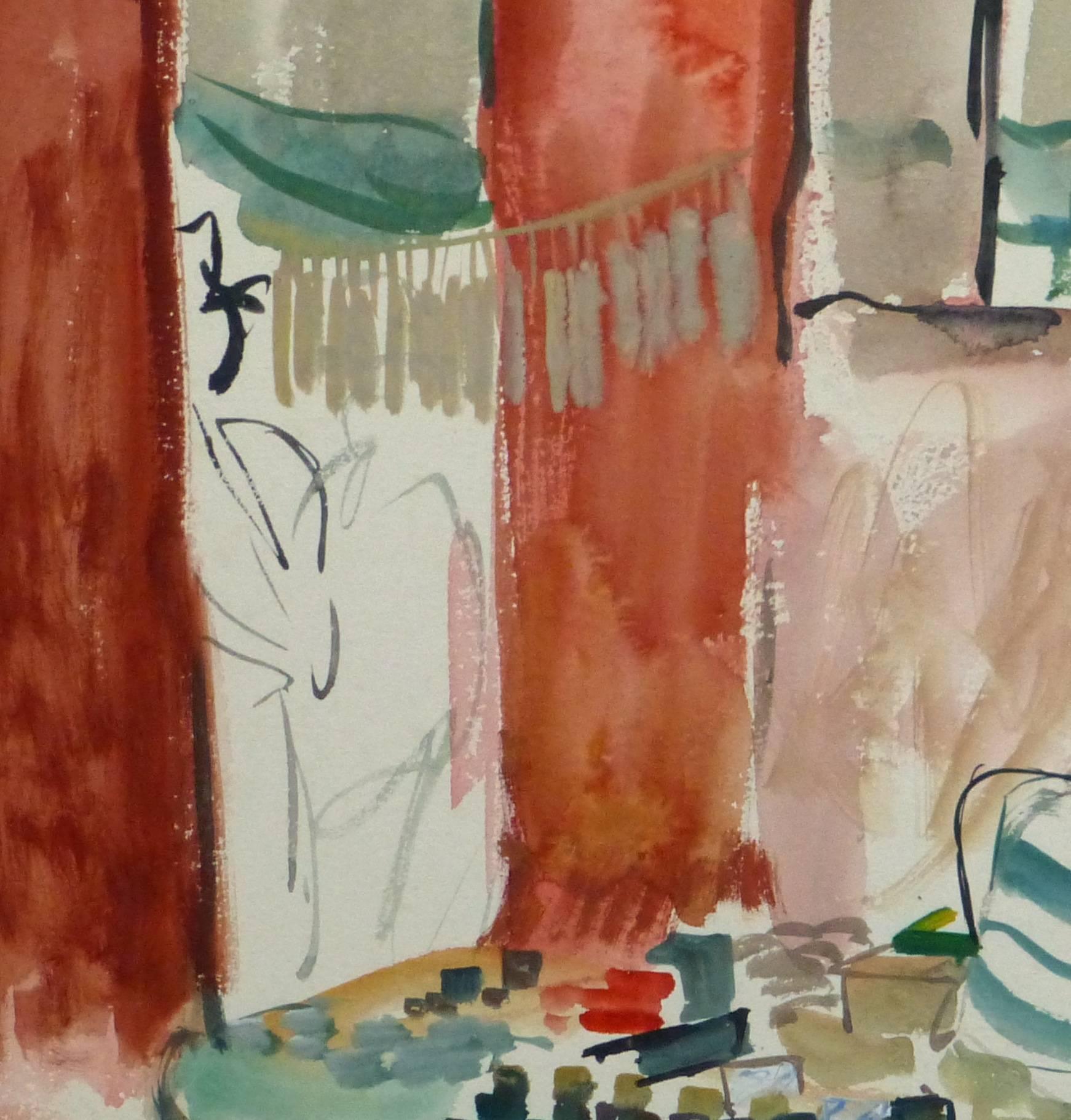Französisches Aquarell – Inselmarkt – Art von Stephane Magnard