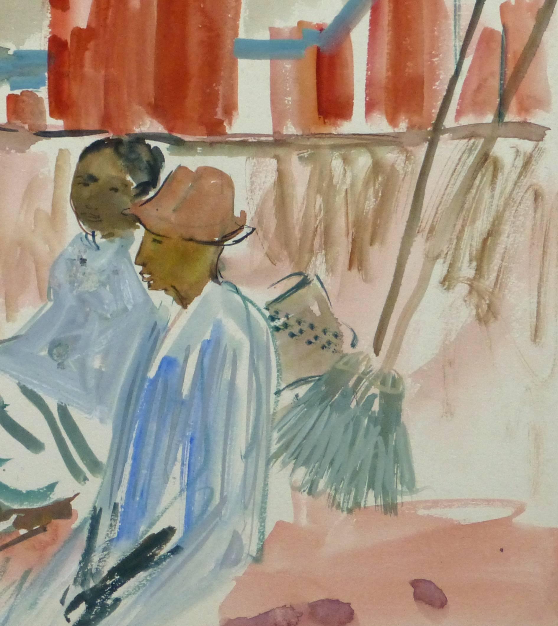 Französisches Aquarell – Inselmarkt (Braun), Landscape Art, von Stephane Magnard
