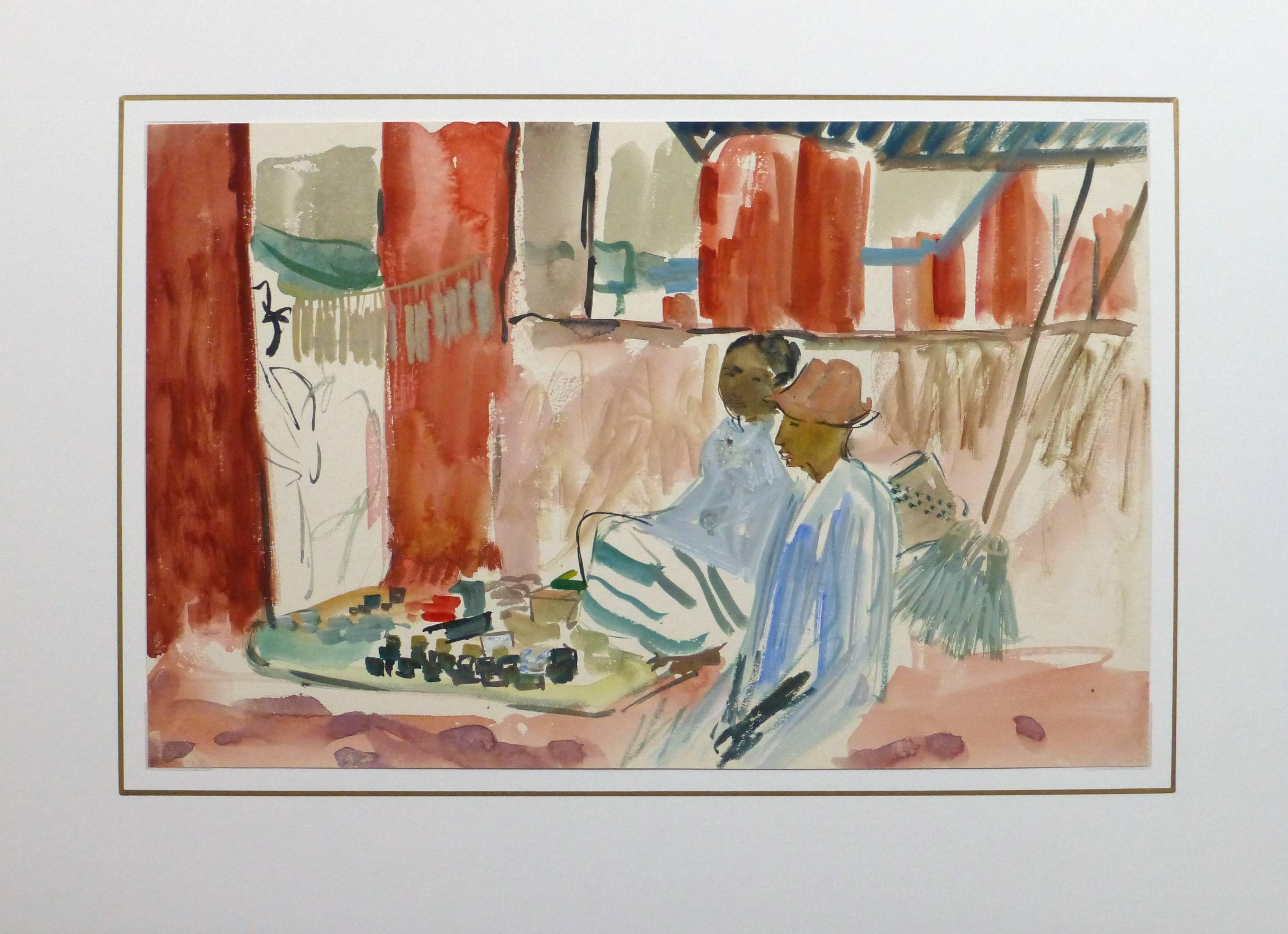 Ausgezeichnetes Aquarell von Inselbewohnern, die sich um ihren Marktstand im Freien kümmern, von Stephane Magnard, um 1950. Magnard war von 1950 bis 1953 als Künstler in der französischen Kolonie Madagaskar tätig.

Originalkunstwerk auf Papier auf