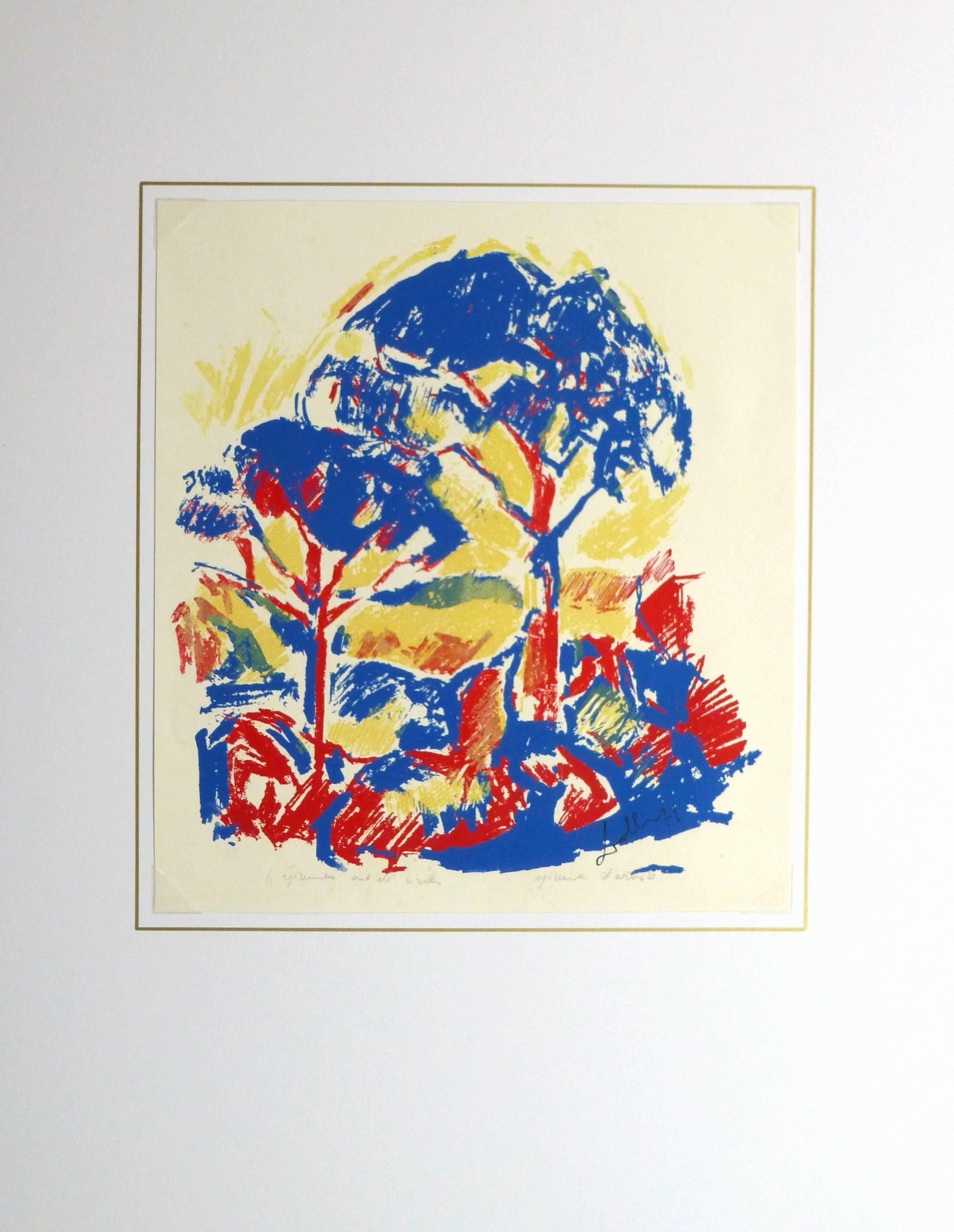 French Serigraph - Sunny Arbor - Beige Landscape Print by Unknown