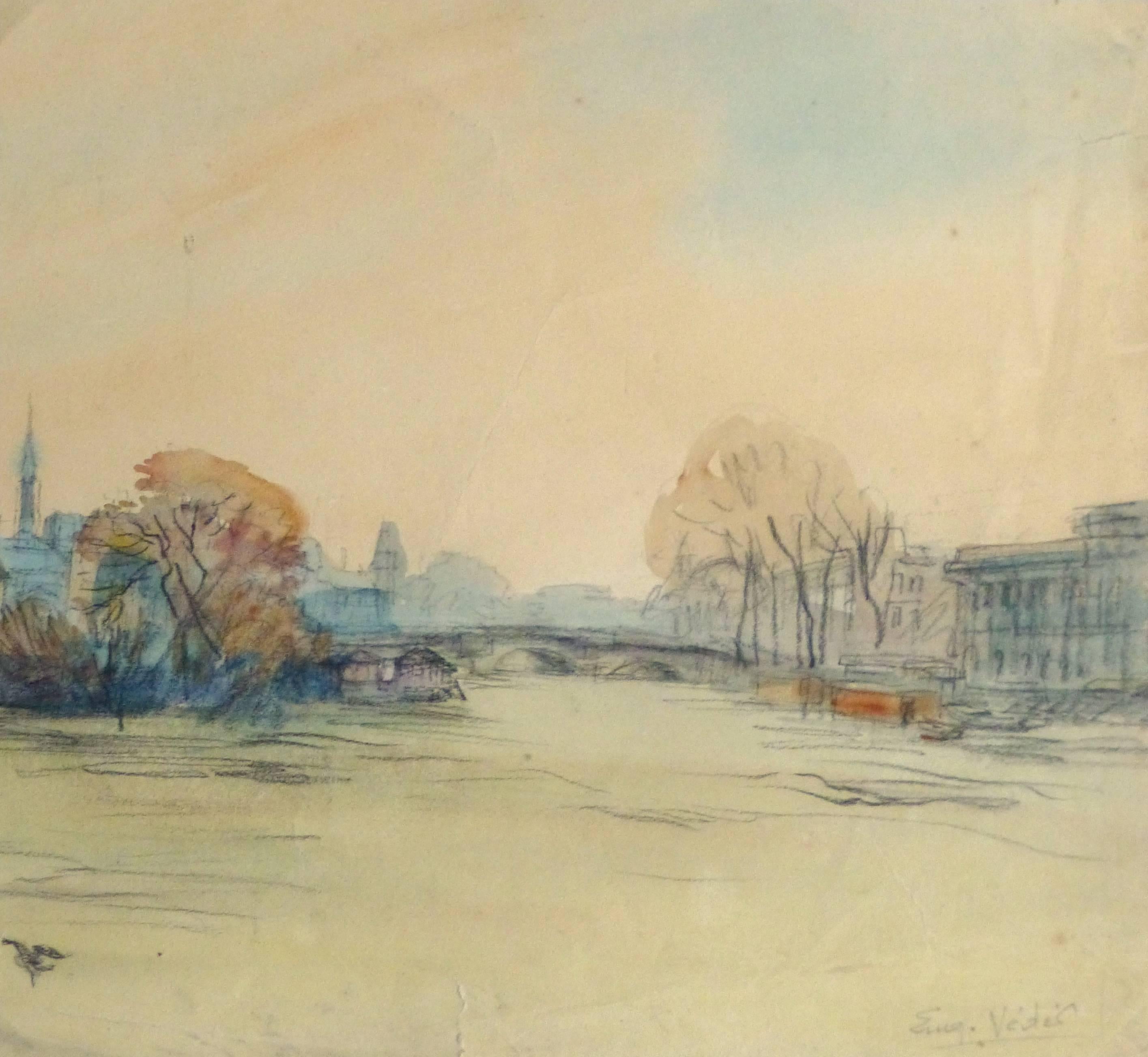 Eugène Veder Landscape Art - French Watercolor - Seine River