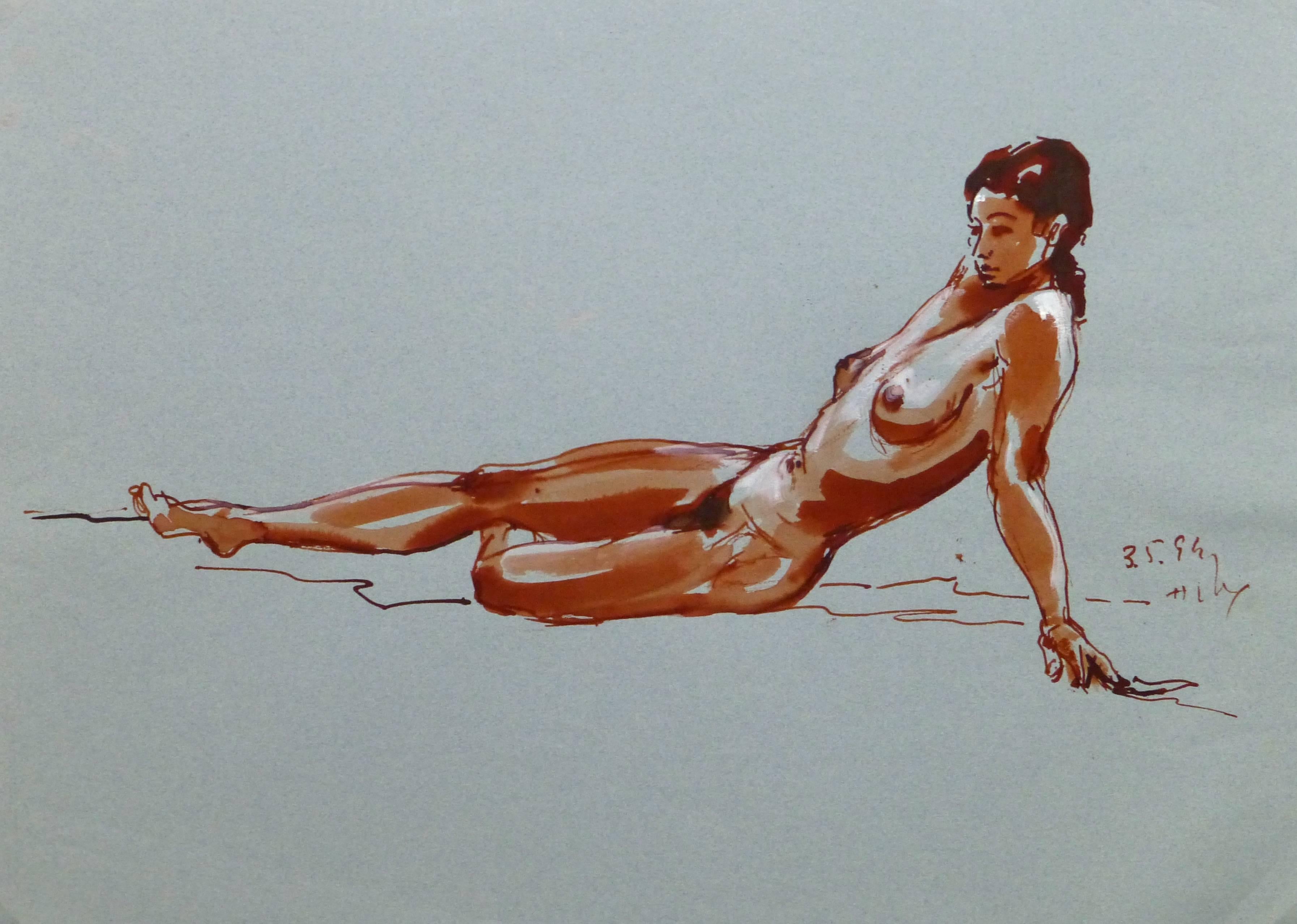 Unknown Nude Painting - French Ink Wash - Crimson Nude