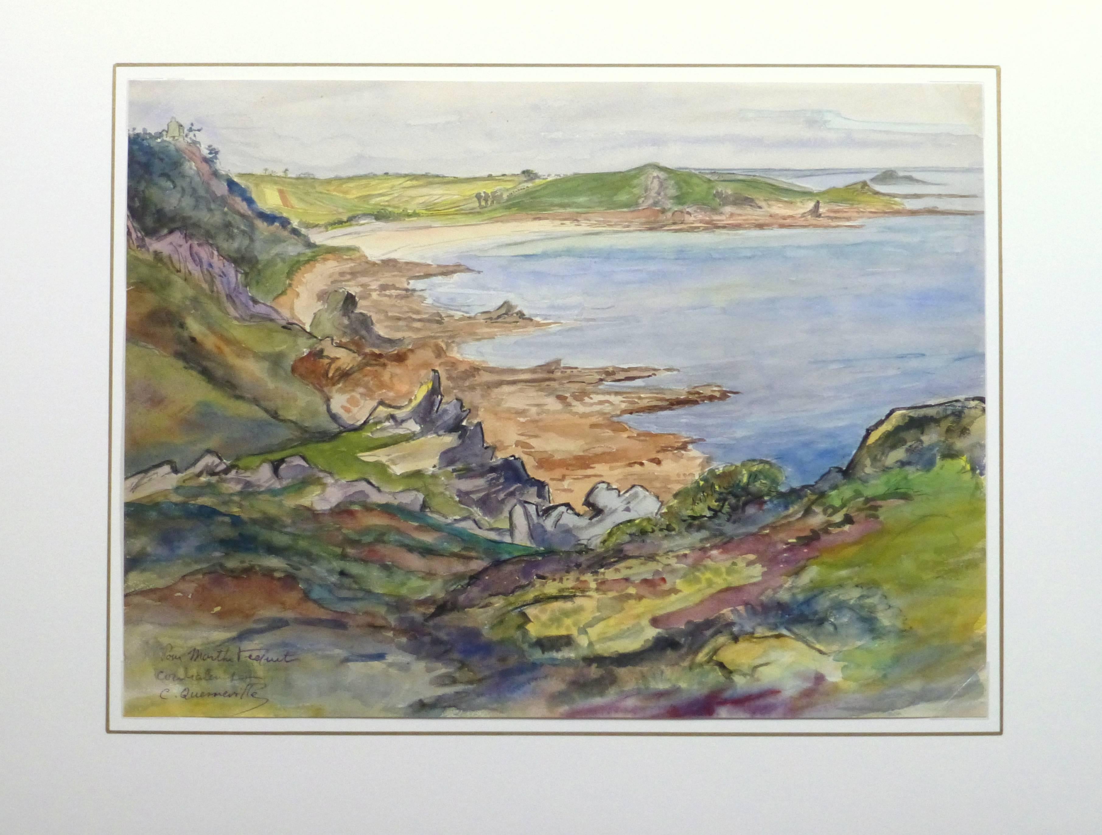Relaxing watercolor seascape of the varied coastline along Le Guerzit, France by artist C. Querneville, circa 1940. Titled and signed lower left. 

Original artwork on paper displayed on a white mat with a gold border. Archival plastic sleeve and