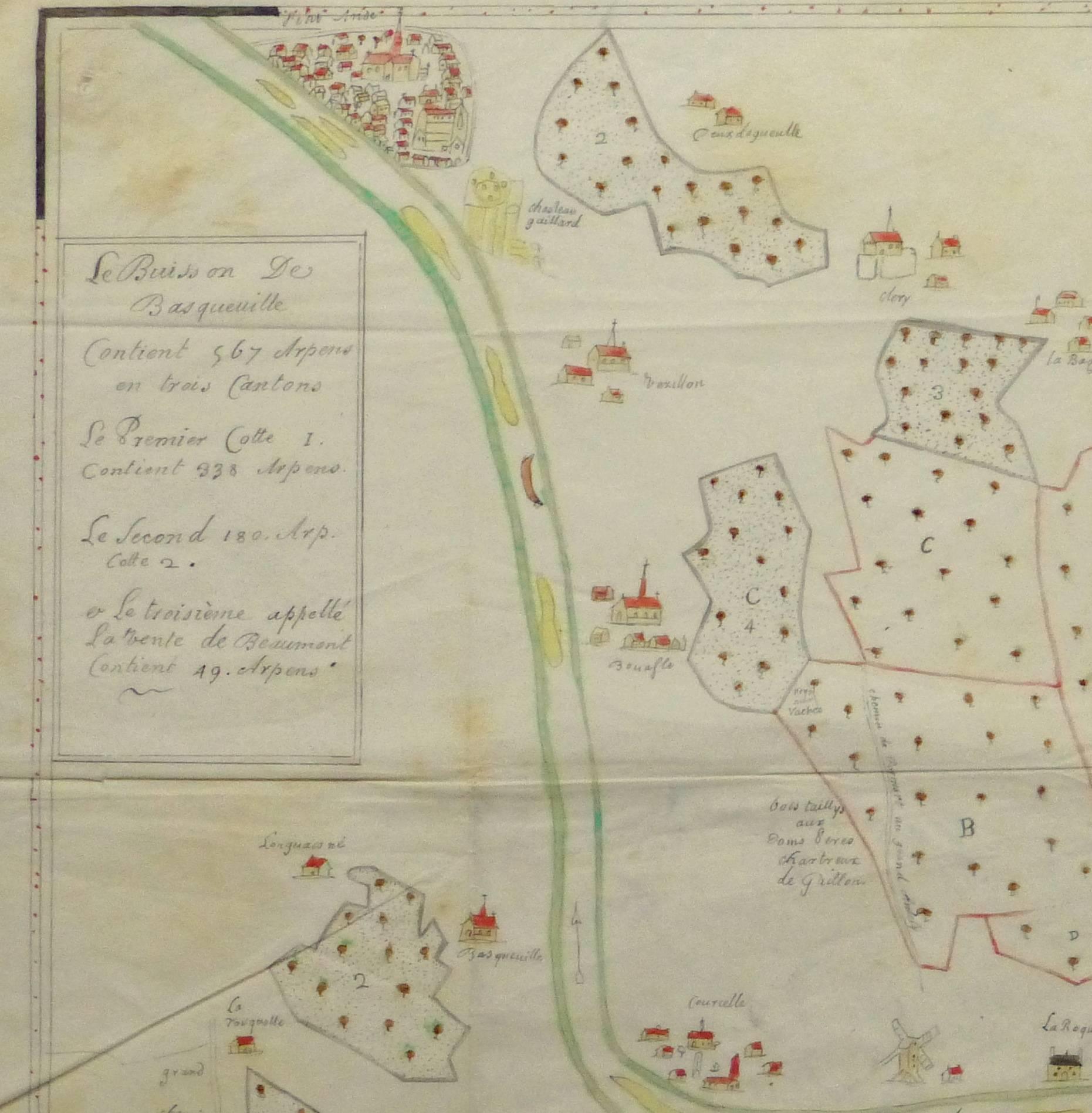 Charming hand drawn ink and watercolor map of the Forest of Andely, in the Normandy area, France, circa 1890. 

Original artwork on paper displayed on a white mat with a gold border. Archival plastic sleeve and Certificate of Authenticity