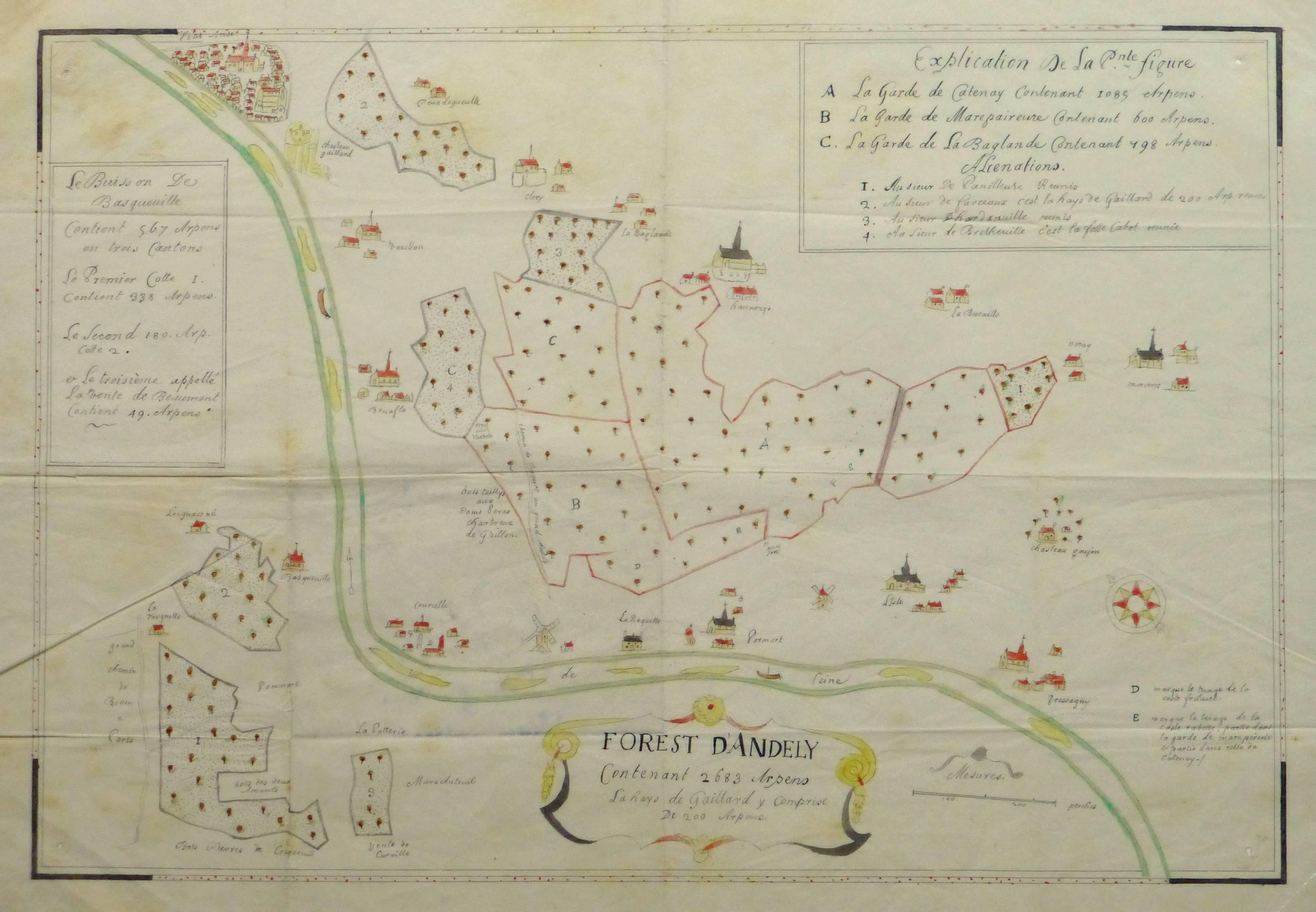 Antike Manuscript-Karte – Wald von Andely