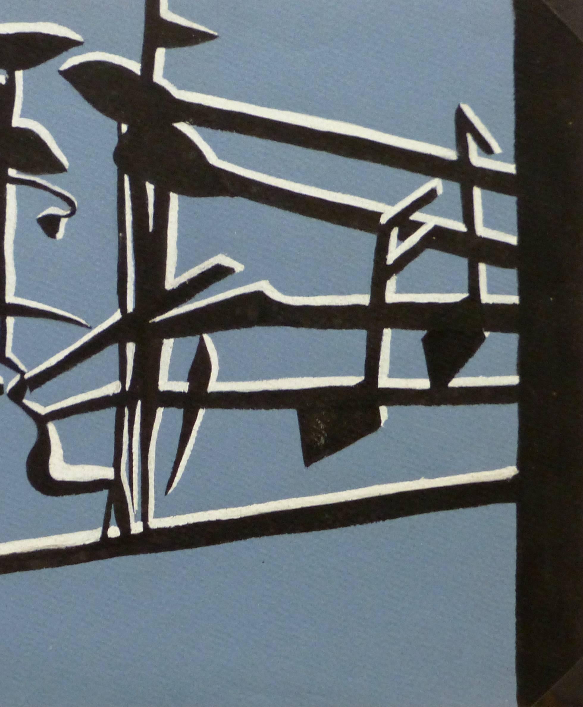 Abstraktes Französisches Design – Schwarz, Weiß & Blau (Grau), Abstract Painting, von Unknown
