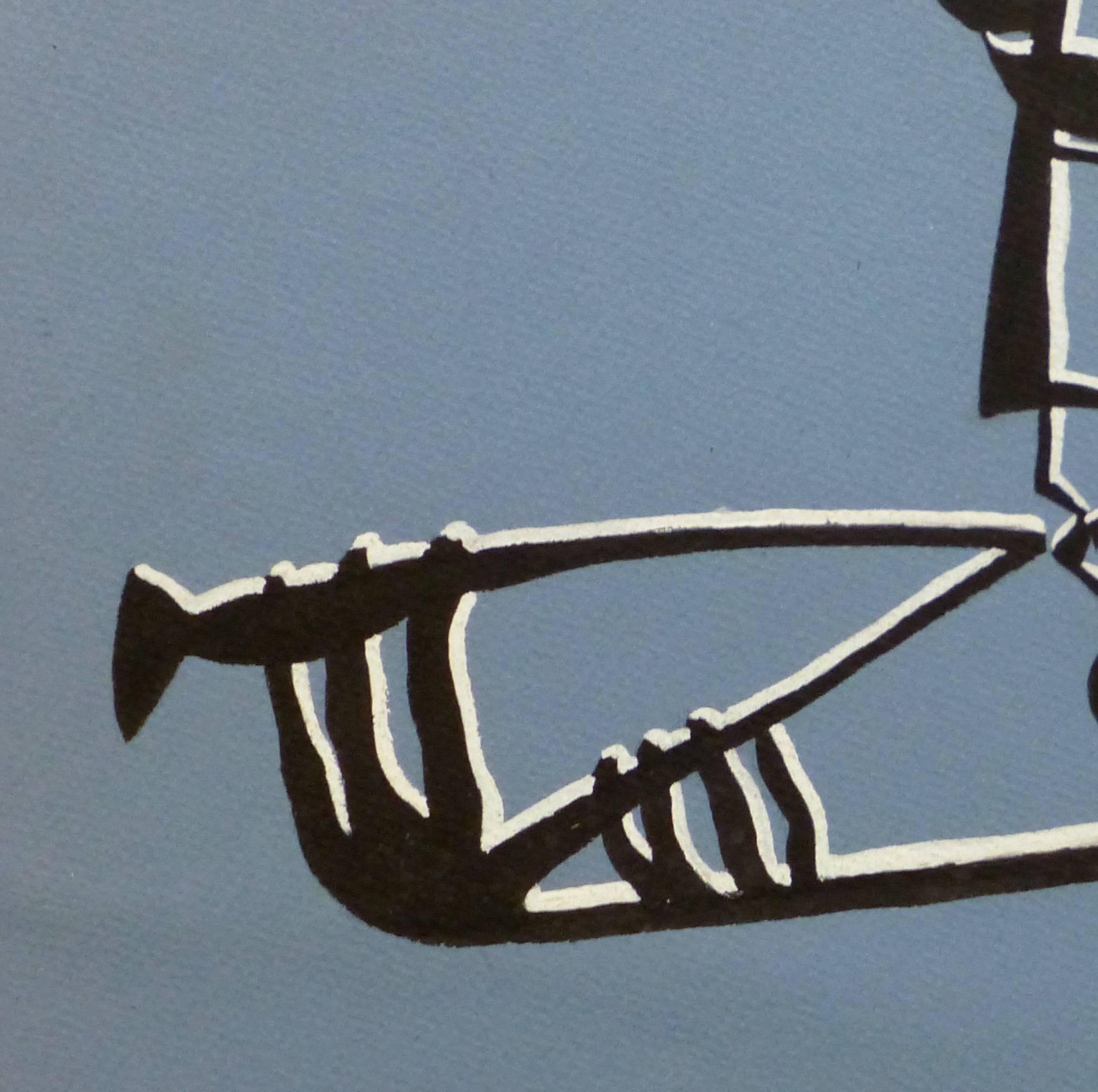 Abstraktes Französisches Design – Schwarz, Weiß & Blau – Painting von Unknown