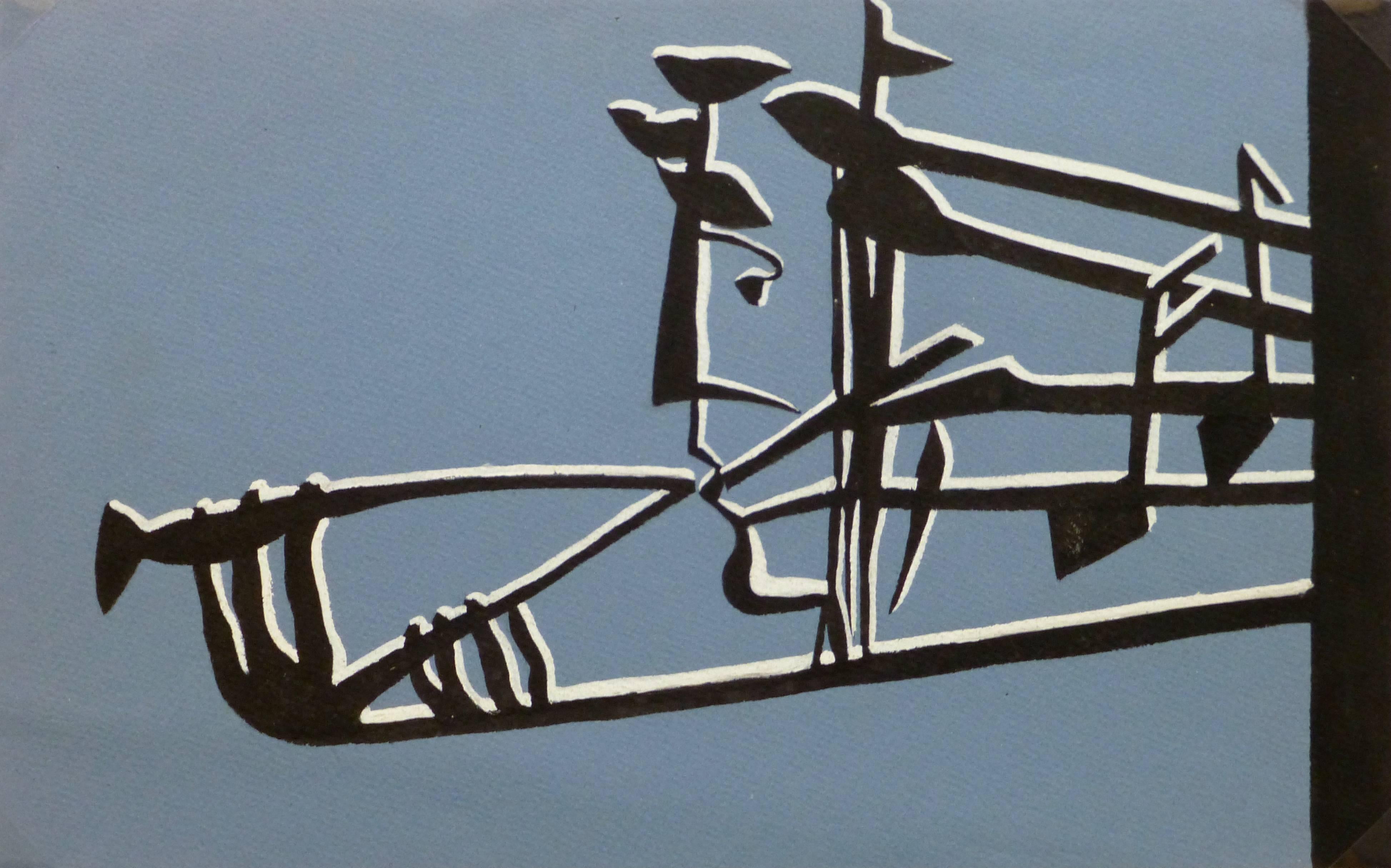 Unknown Abstract Painting – Abstraktes Französisches Design – Schwarz, Weiß & Blau