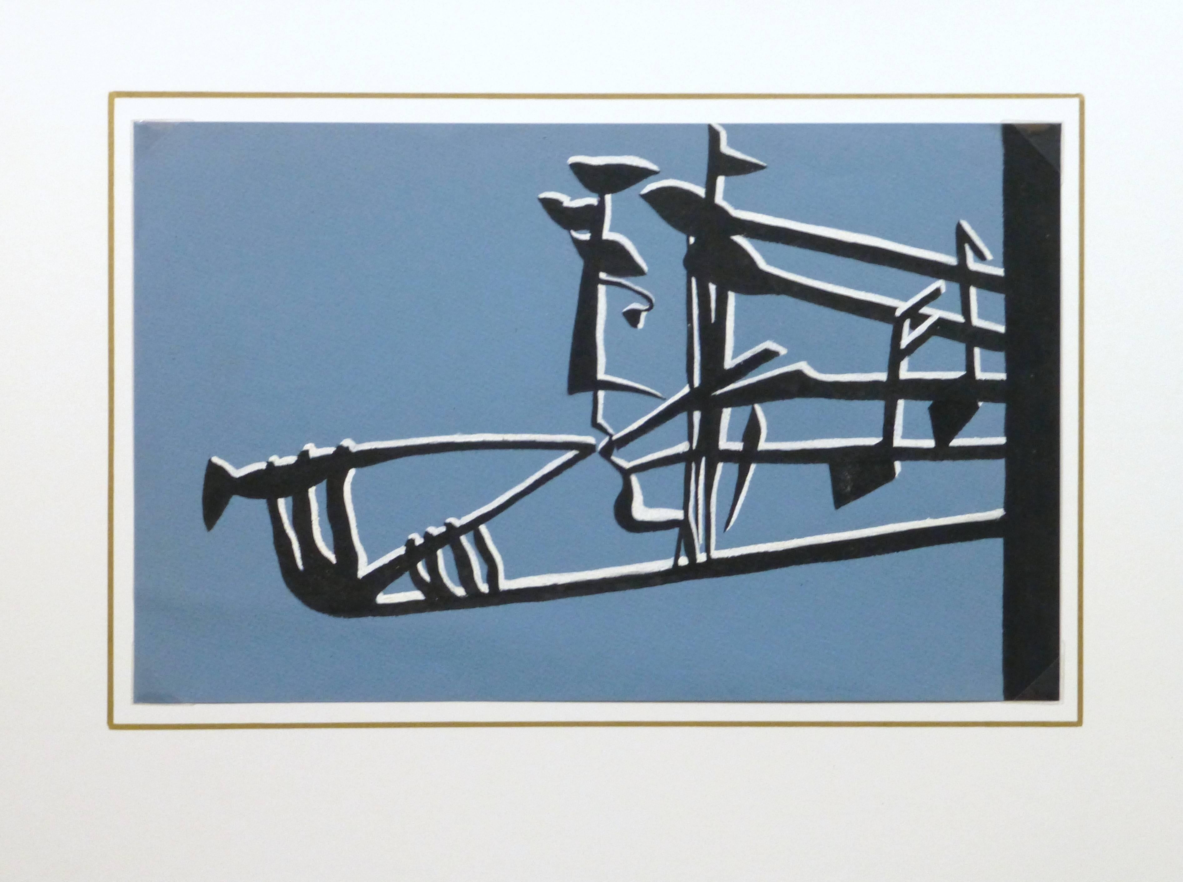 Abstraktes französisches Gemälde mit kühnen Linien und Formen in blauen, schwarzen und weißen Farbtönen von AF Auvert, um 1960. 

Originalkunstwerk auf Papier auf einem weißen Passepartout mit Goldrand. Inklusive Plastikhülle und