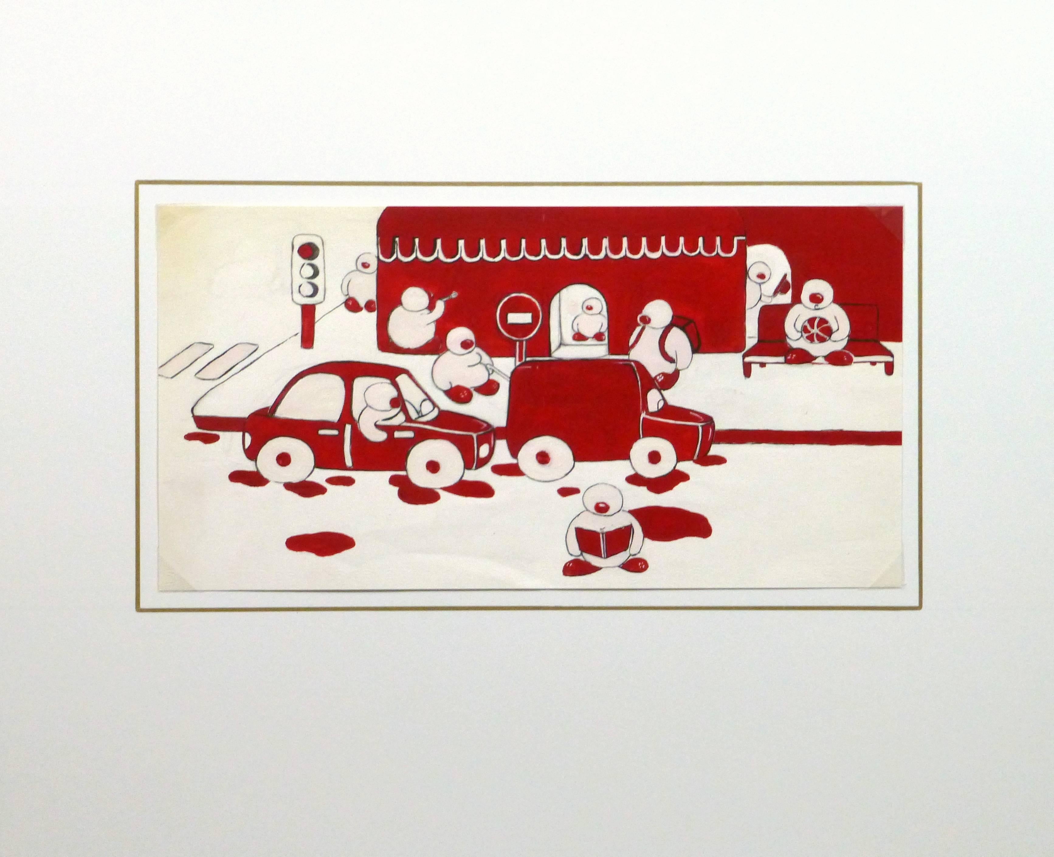 Playful abstract acrylic painting of street scene with figures in hues of red and white by artist Anne Caumont, circa 1990. 

Original artwork on paper displayed on a white mat with a gold border. Mat fits a standard-size frame. Archival plastic
