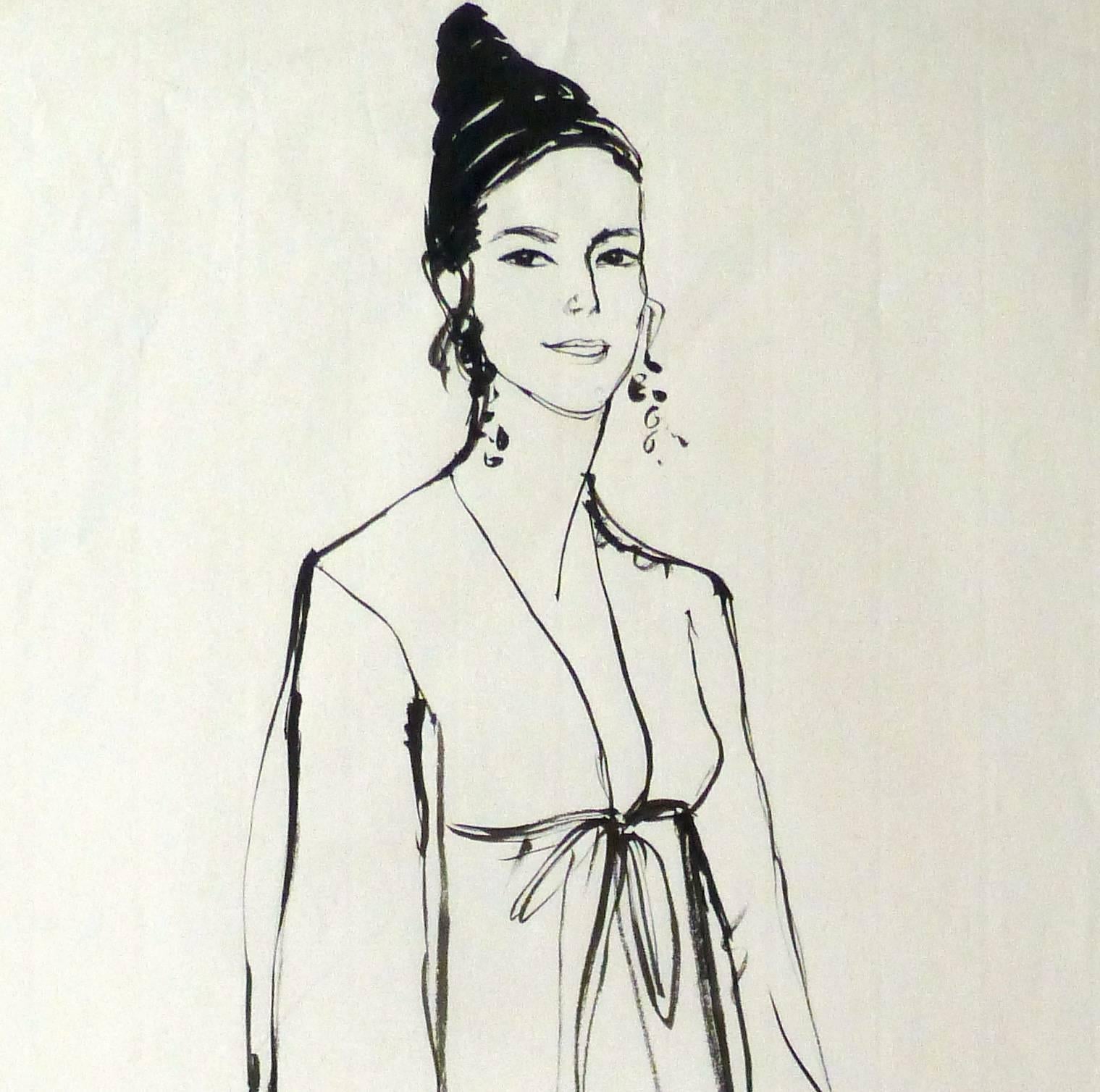 French Ink Sketch - Portrait of Elegance - Painting by Unknown