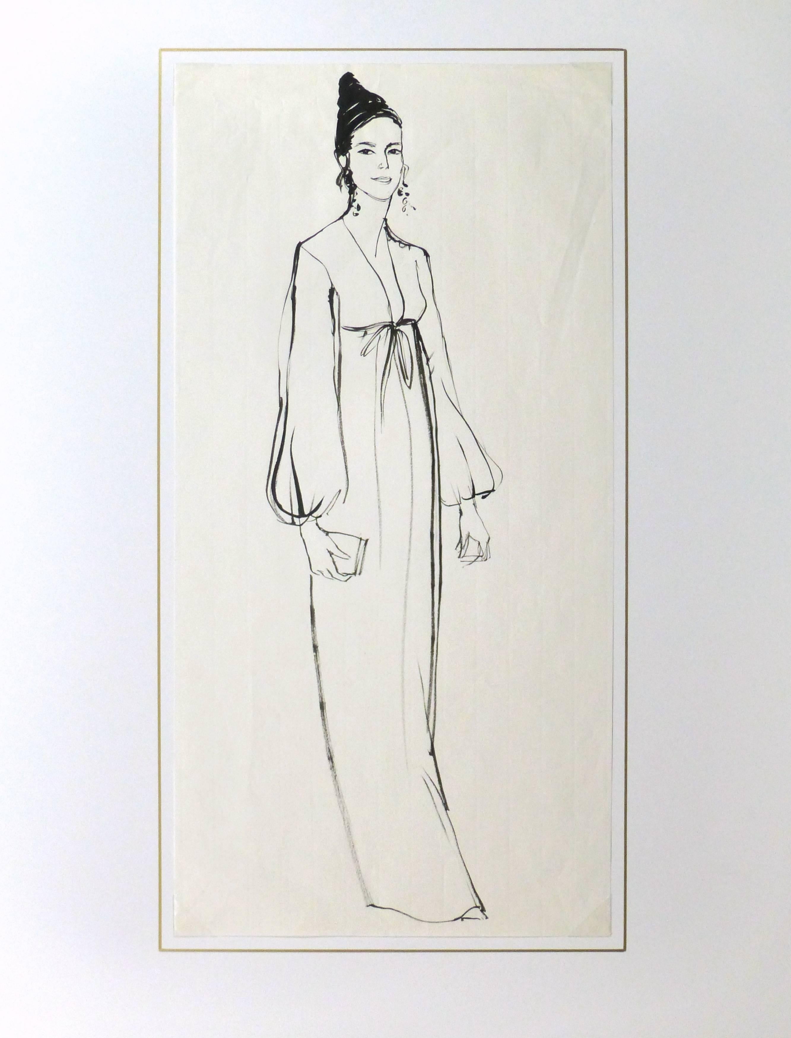 French Ink Sketch - Portrait of Elegance - Beige Figurative Painting by Unknown