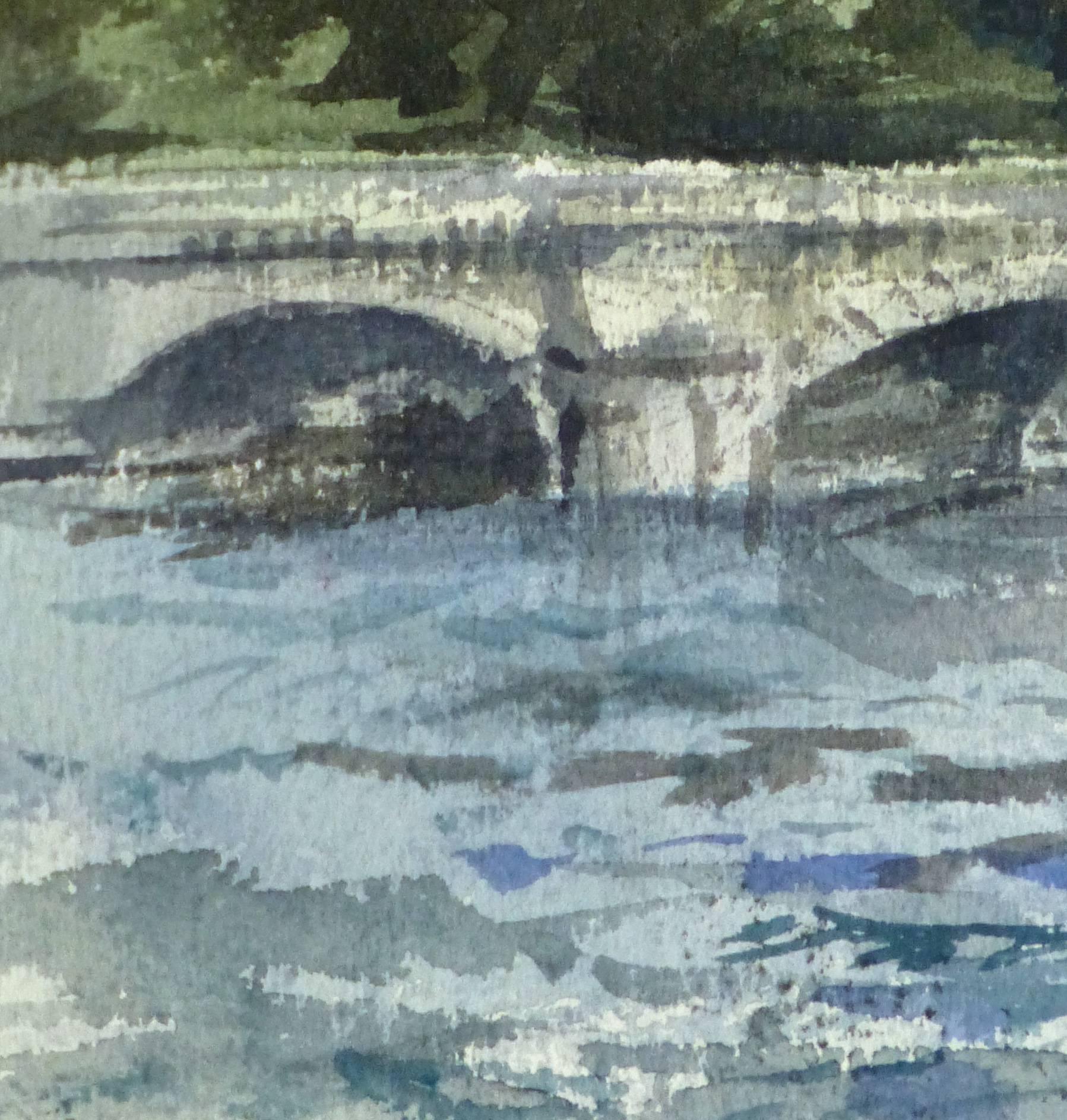 French Watercolor - Paris Bridge - Gray Landscape Art by Unknown