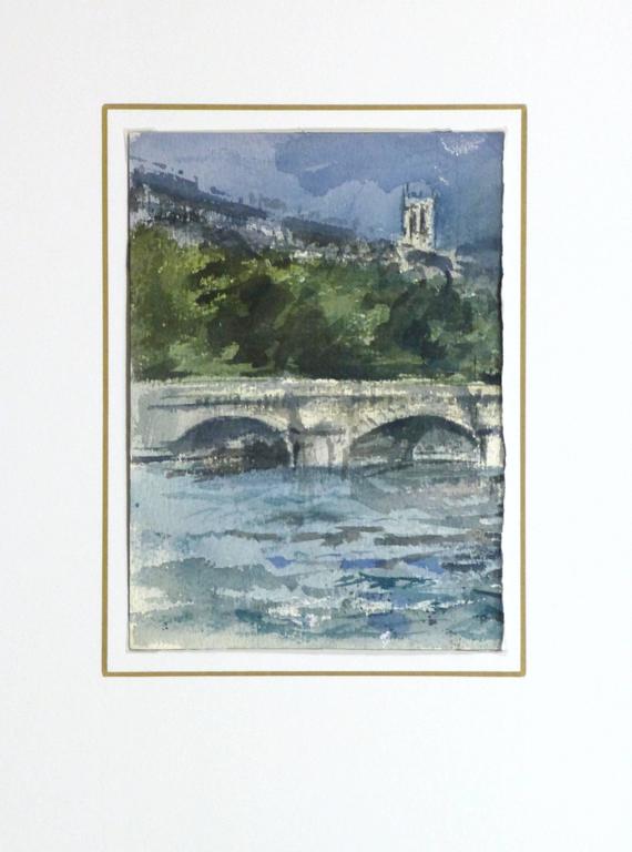 Attractive French watercolor of a Paris bridge spanning across the Seine river with the Tour St Jacques in the back by artist Eric Brault, circa 1990. 

Original artwork on paper displayed on a white mat with a gold border. Archival plastic sleeve