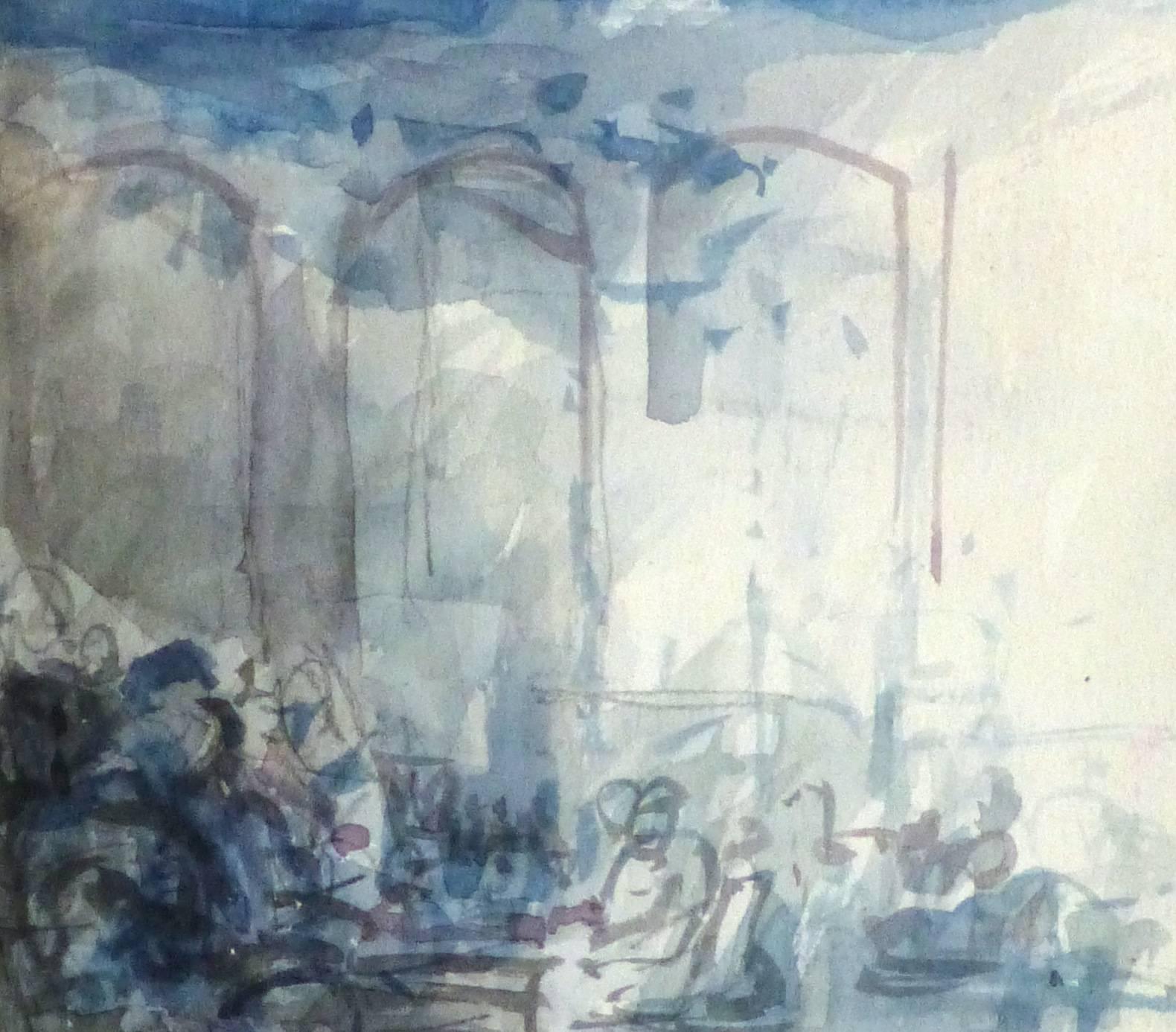 French Watercolor -  Sunday Diners - Gray Interior Art by Unknown