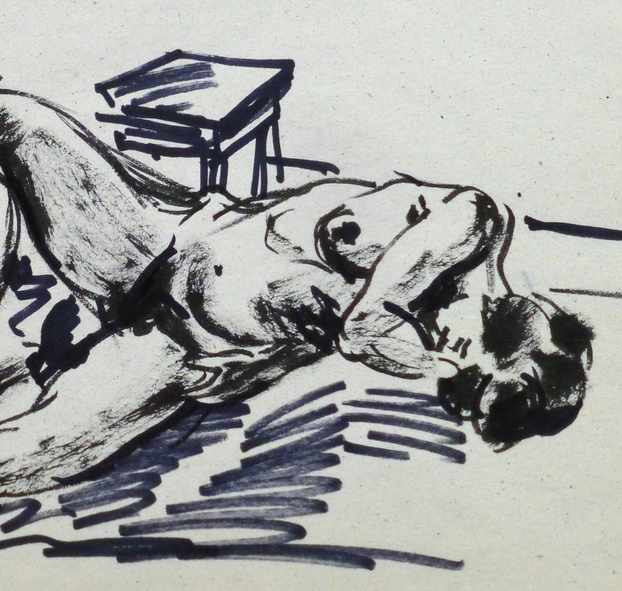 Black and white pen & ink drawing of a nude female model posing for an artist by French artist Jean Baptiste Grancher, circa 1950.

Original artwork on paper displayed on a white mat with a gold border. Archival plastic sleeve and Certificate of