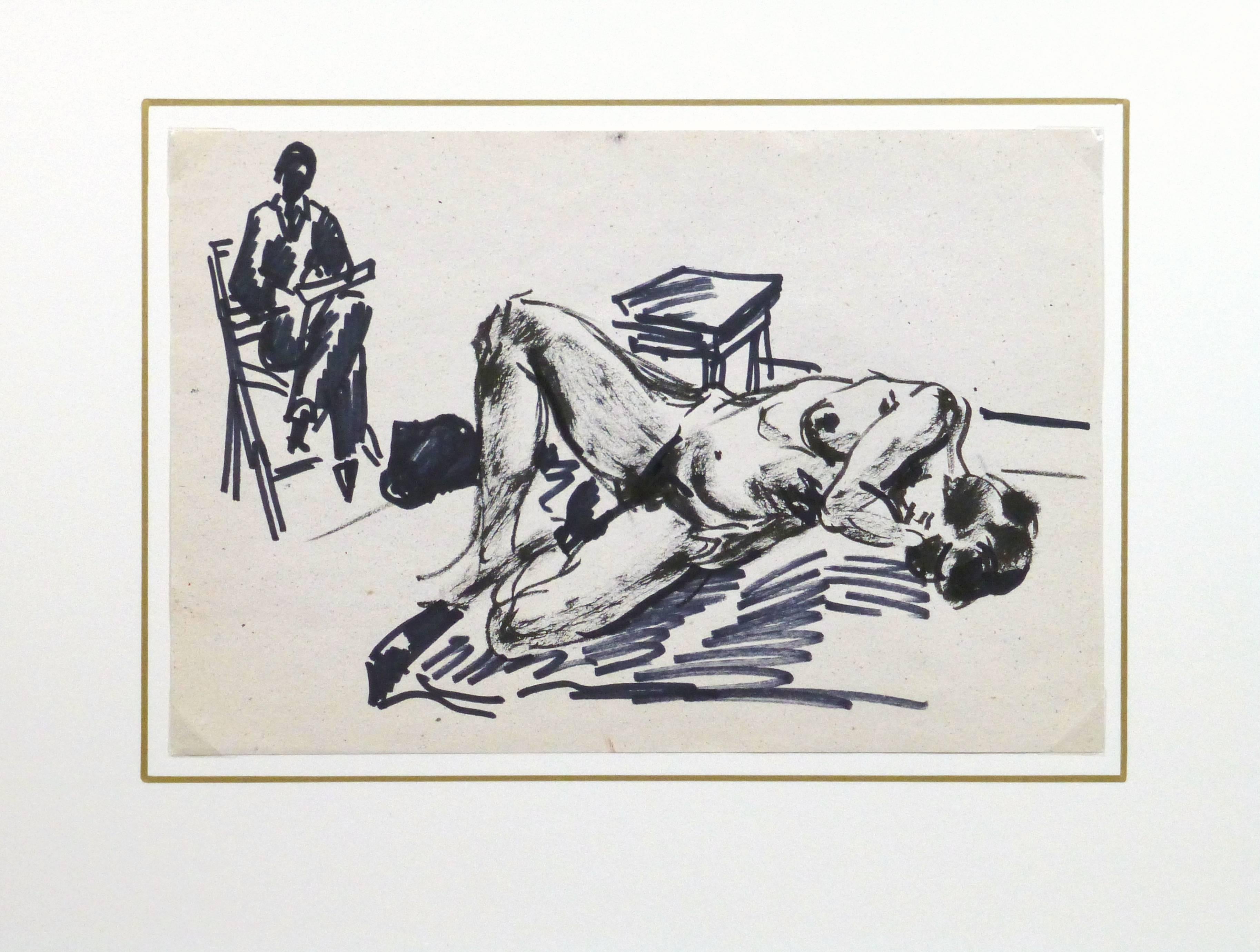 Schwarz-weiße Federzeichnung eines nackten weiblichen Modells, das für einen Künstler posiert, vom französischen Künstler Jean Baptiste Grancher, um 1950.

Originalkunstwerk auf Papier auf einem weißen Passepartout mit Goldrand. Inklusive