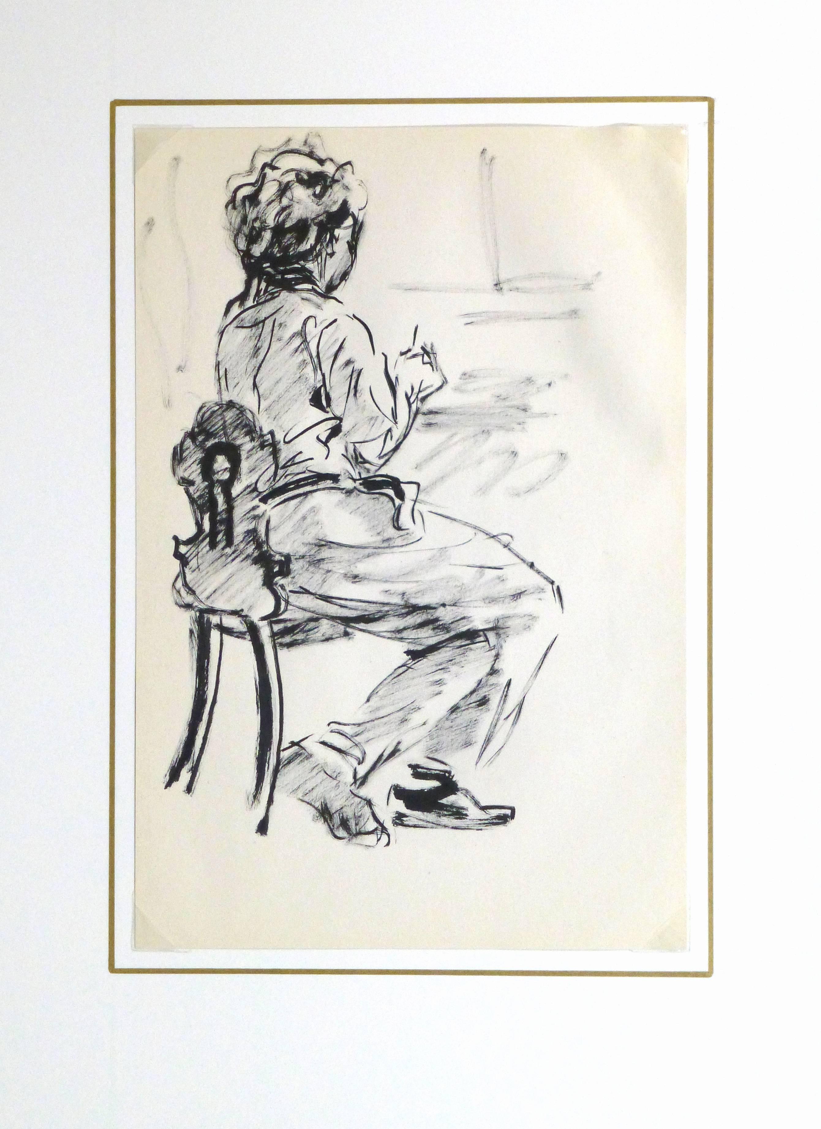 Black and white pen & ink drawing of an artist seated at their easel by French artist Jean-Baptiste Grancher, circa 1950. 

Original artwork on paper displayed on a white mat with a gold border. Archival plastic sleeve and Certificate of
