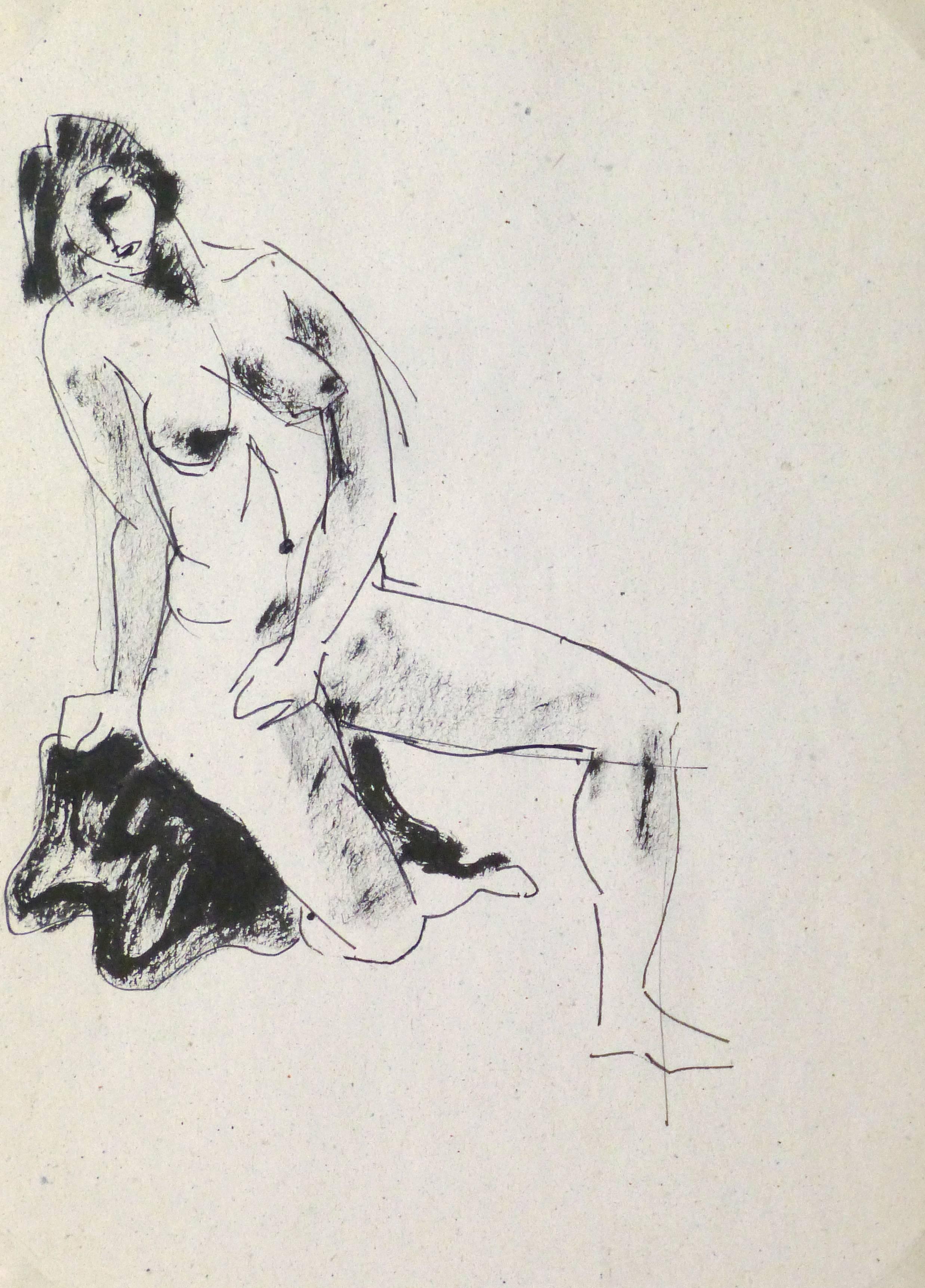 French Pen & Ink - Female Nude - Art by Jean-Baptiste Grancher