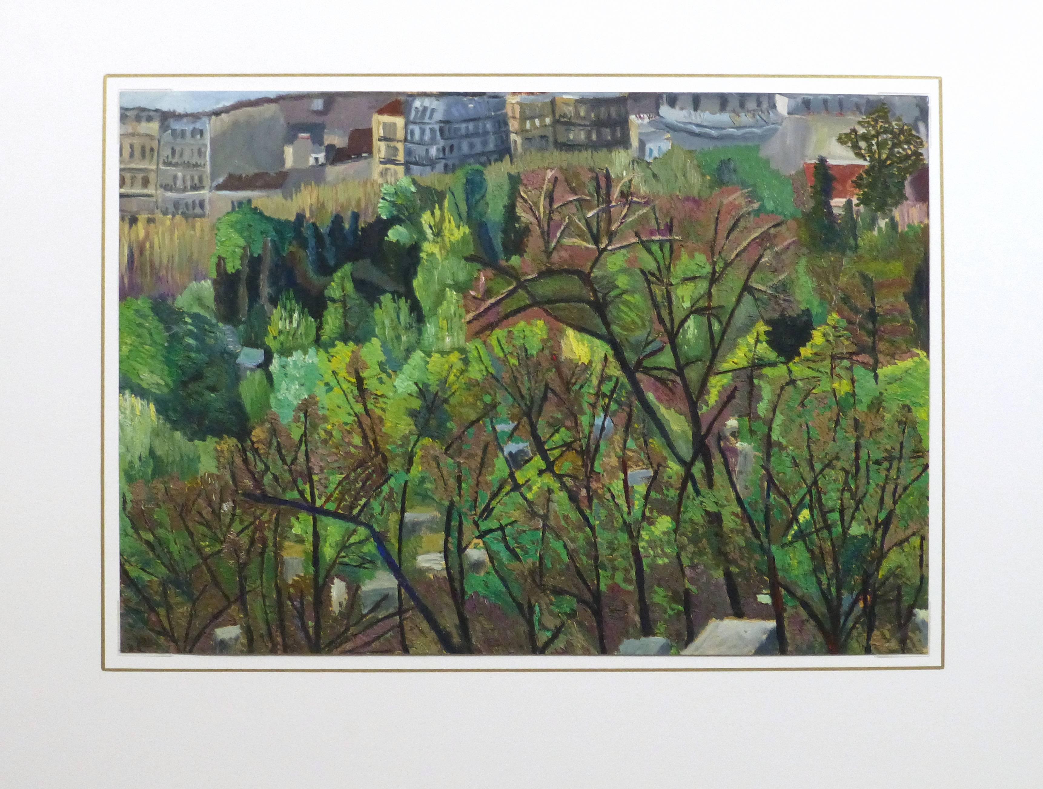 Paesaggio di metà secolo su carta di un vivace parco cittadino, circa 1950. 

Opera d'arte originale su carta esposta su un tappetino bianco con bordo dorato. Custodia in plastica per archivi e certificato di autenticità inclusi. L'opera d'arte