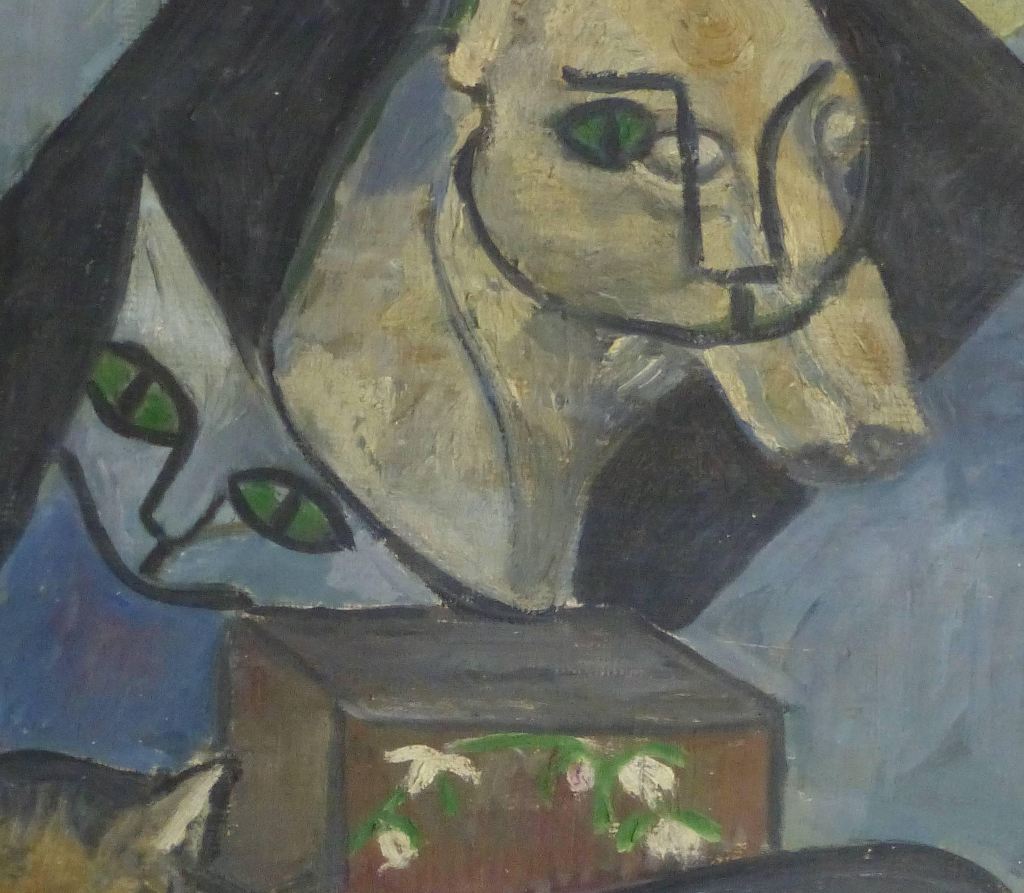 Französisches Ölgemälde – Die Katzenmutter – Painting von Unknown
