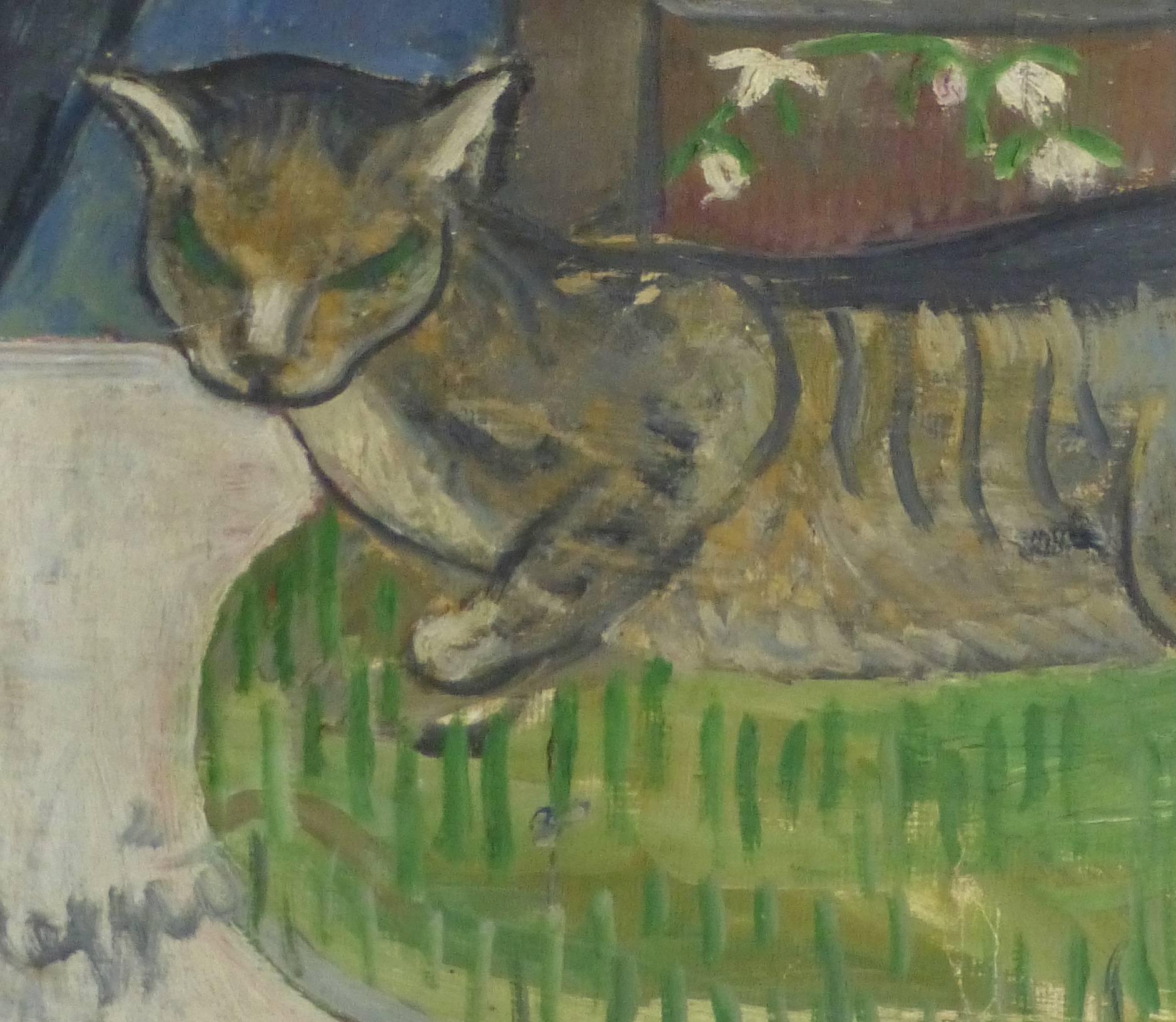 Französisches Ölgemälde – Die Katzenmutter (Grau), Animal Painting, von Unknown