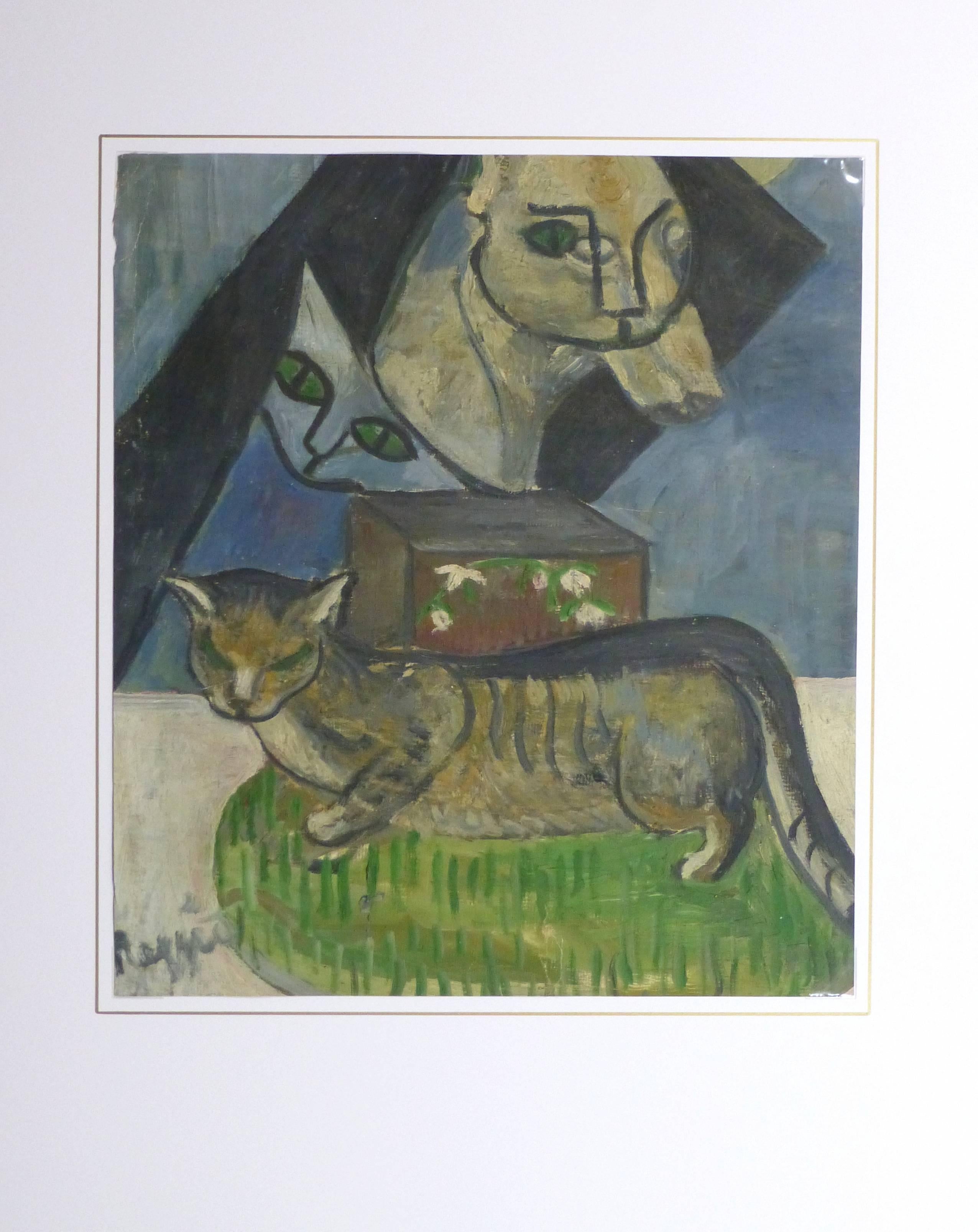 Skurriles Ölgemälde auf Papier mit einer gestromten Katze, die auf einem Teppich ruht und von großen abstrakten Katzenformen umgeben ist, um 1940. Signiert unten links. 

Originalkunstwerk auf Papier auf einem weißen Passepartout mit Goldrand.