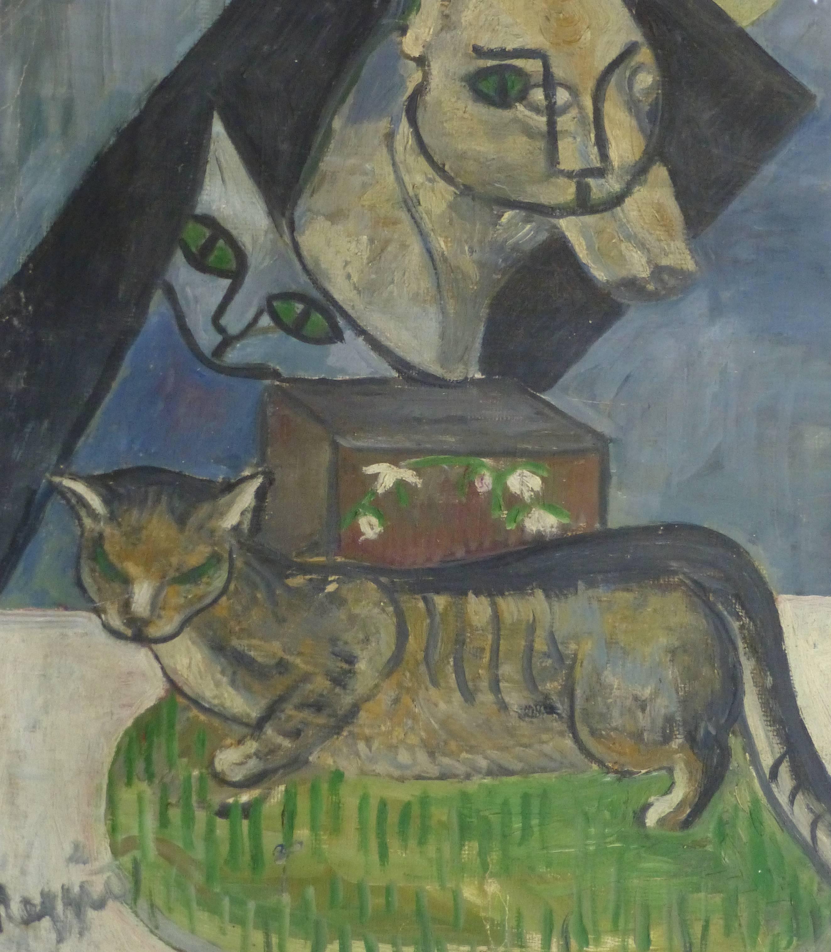 Unknown Animal Painting – Französisches Ölgemälde – Die Katzenmutter