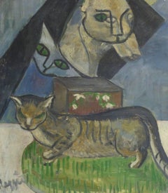 Peinture à l'huile française - Le saule d'un chat