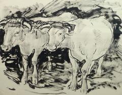 Vintage French Ink Wash - Work Cattle