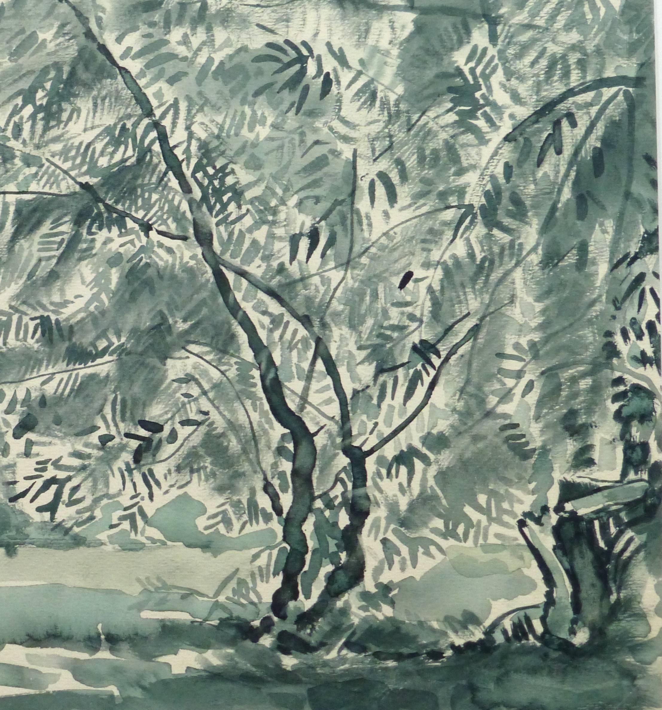 Acquerello francese - Giardino viridescente - Landscape Art Grigio di Unknown