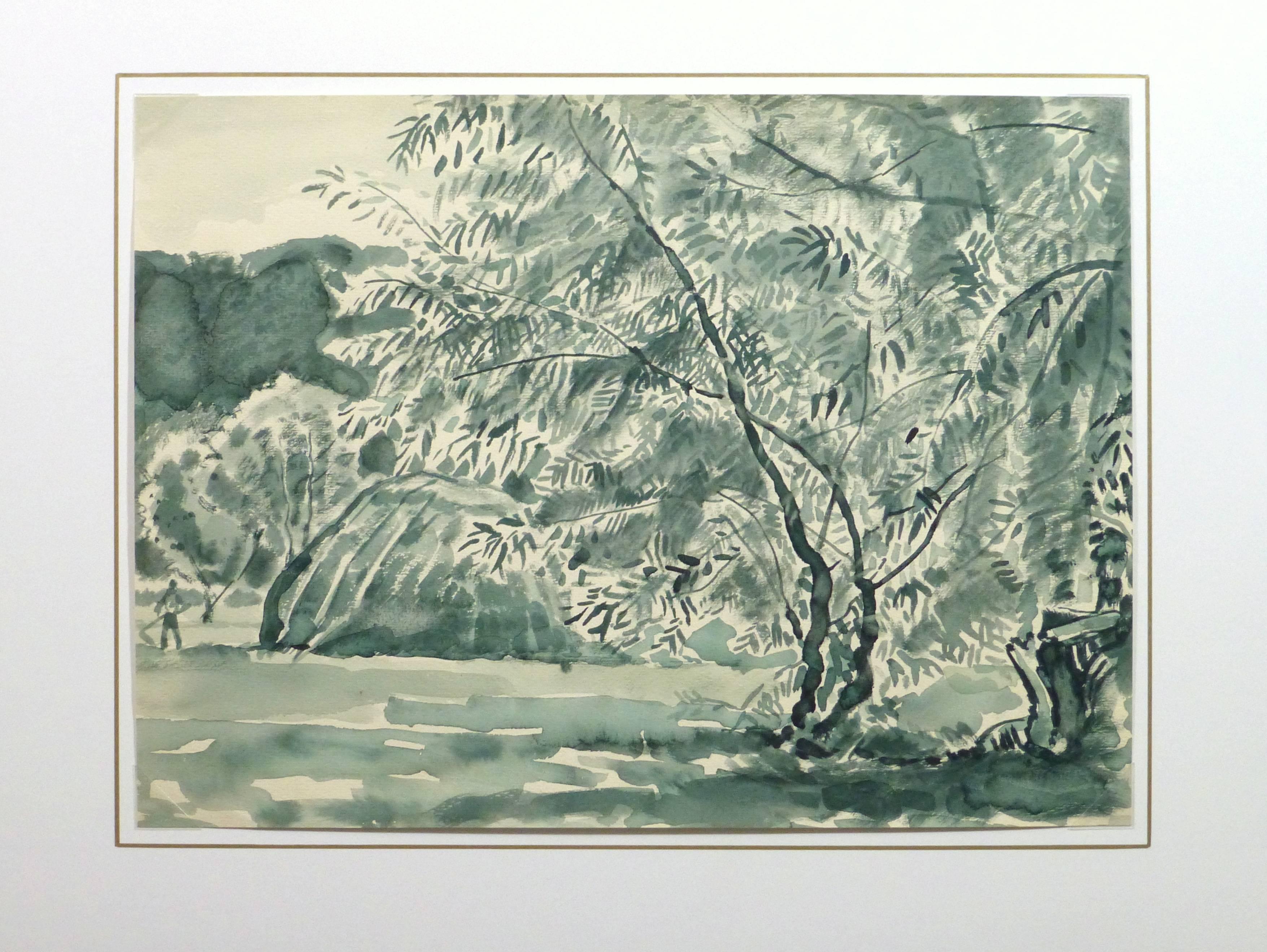 Tranquillo acquerello francese raffigurante una figura che lavora in un grande giardino lussureggiante, con una tonalità di verde tenue, realizzato dall'artista Francois Kamel nel 1971. 

Opera d'arte originale su carta esposta su un tappetino
