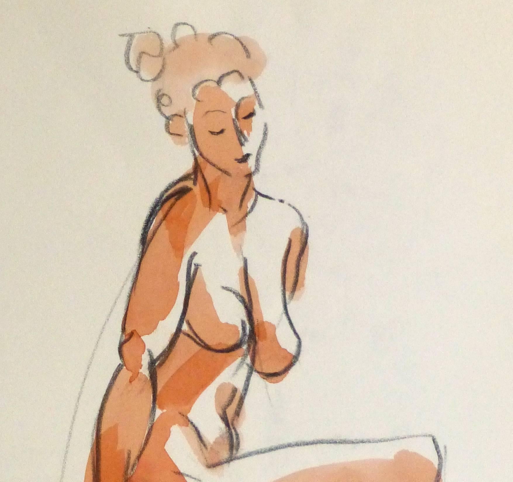 Delightful pencil and ink drawing of a seated nude female figure hued in a rusty red, circa 1990. 

Original artwork on paper displayed on a white mat with a gold border. Mat fits a standard-size frame. Archival plastic sleeve and Certificate of