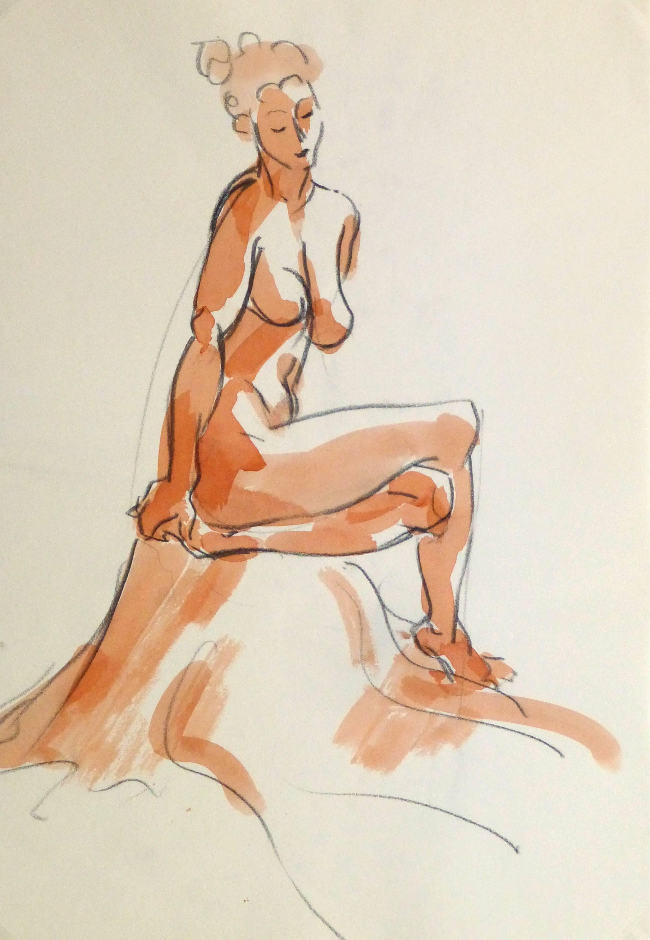 French Pencil & Ink - Seated Nude - Art by Unknown