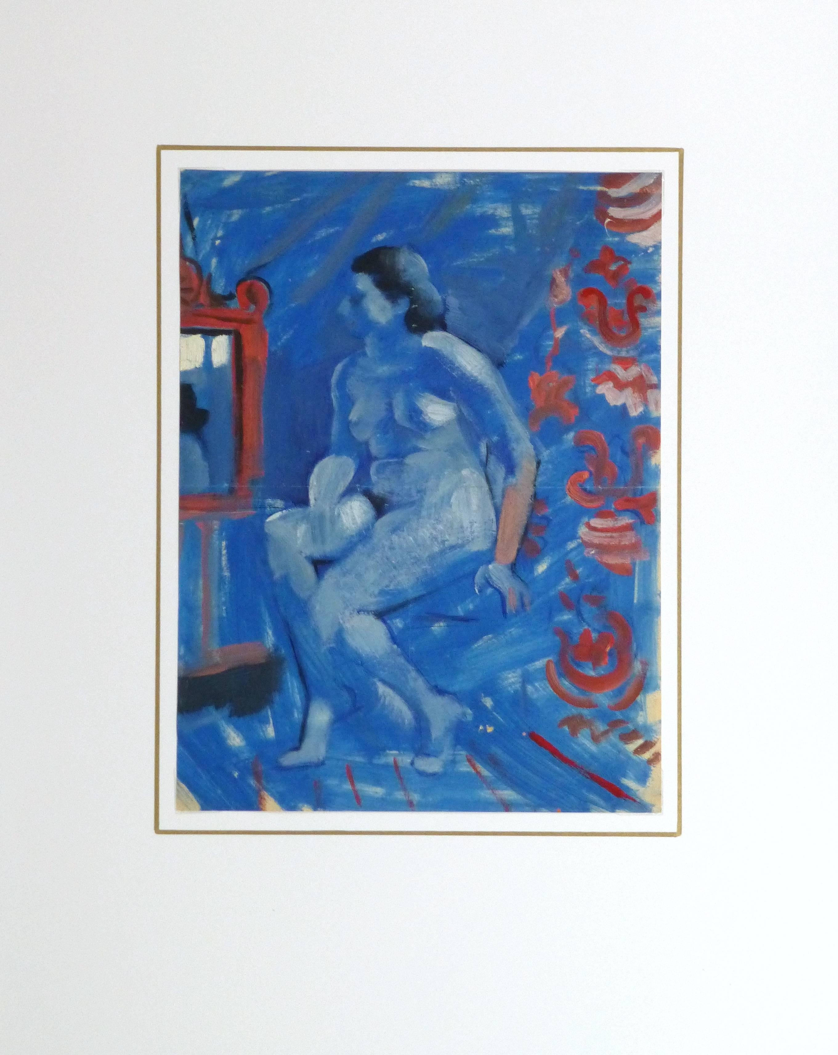 French Gouache - Bleu View - Blue Nude Painting by Maurice Le Poitevin