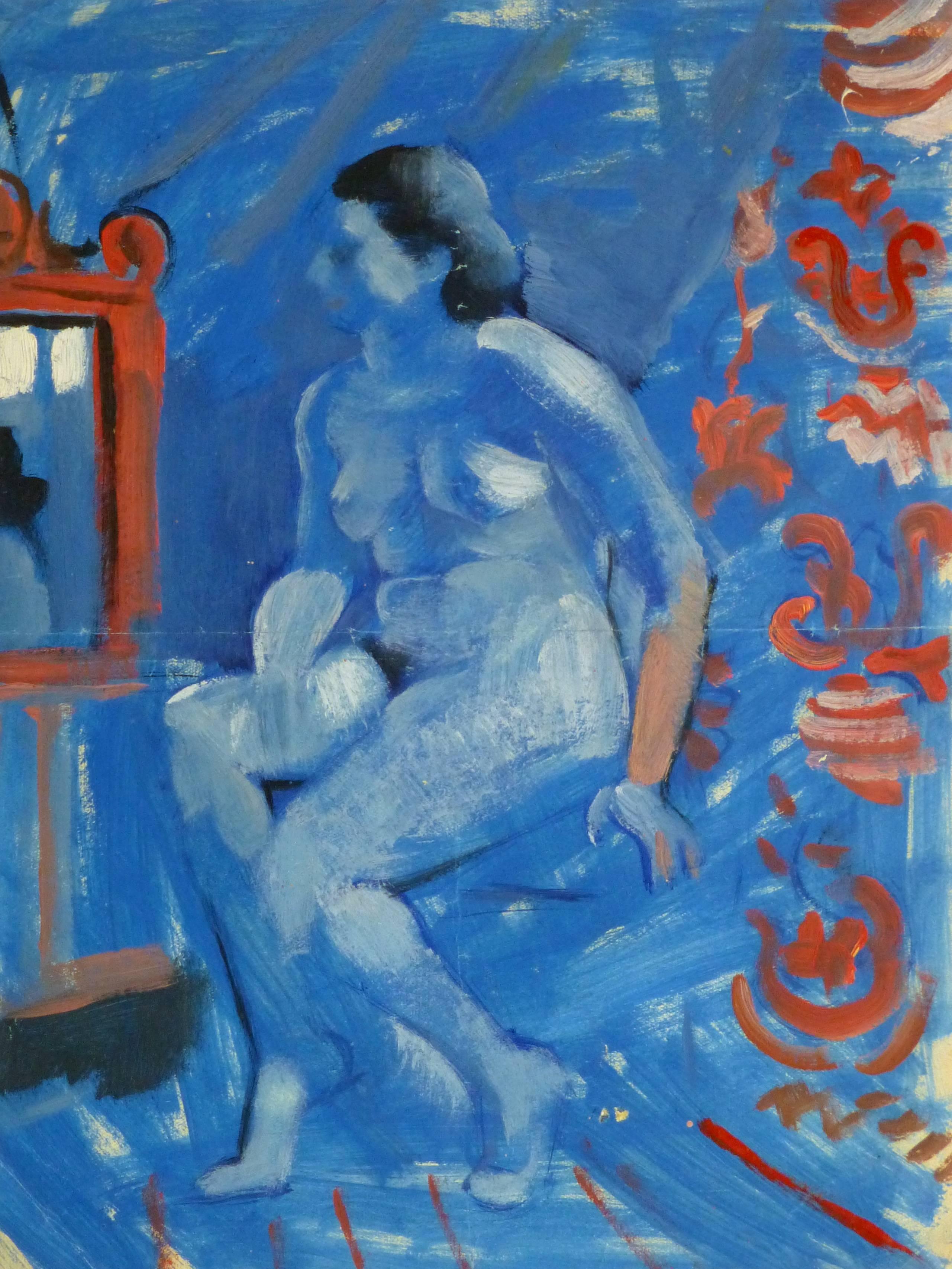 Maurice Le Poitevin Nude Painting - French Gouache - Bleu View